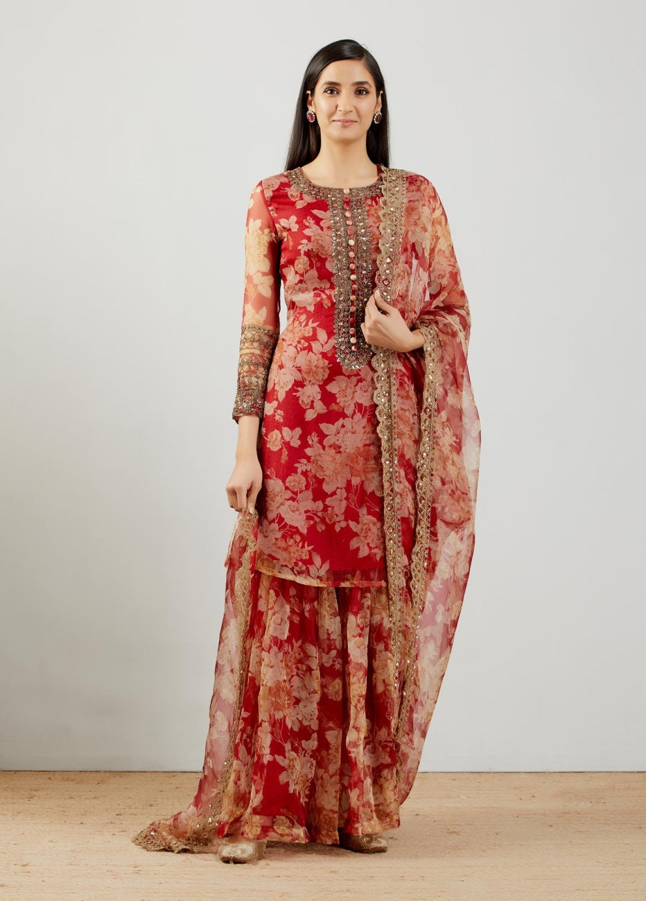 Red Floral Kurti Set