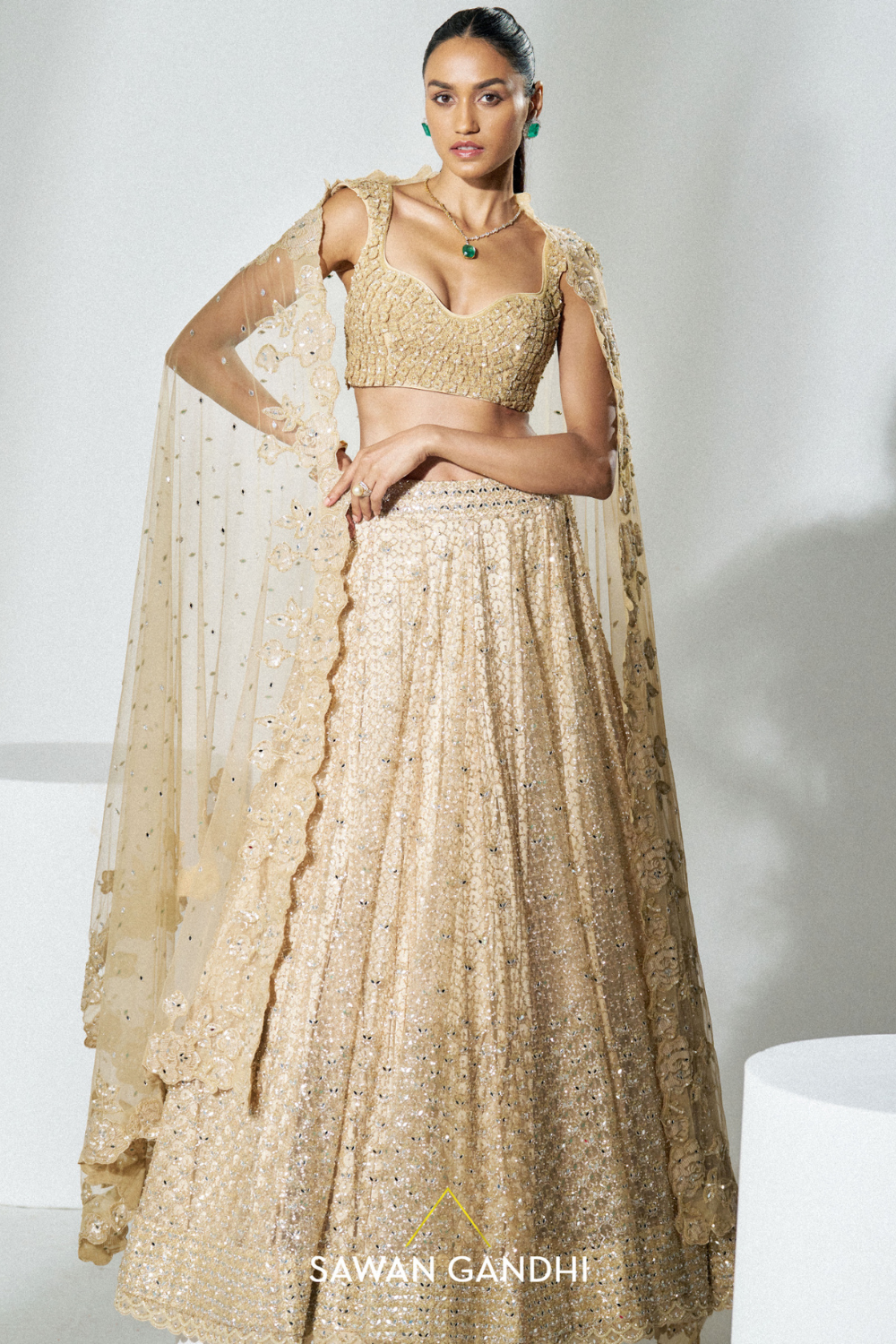 Gold beige honeycomb lehenga