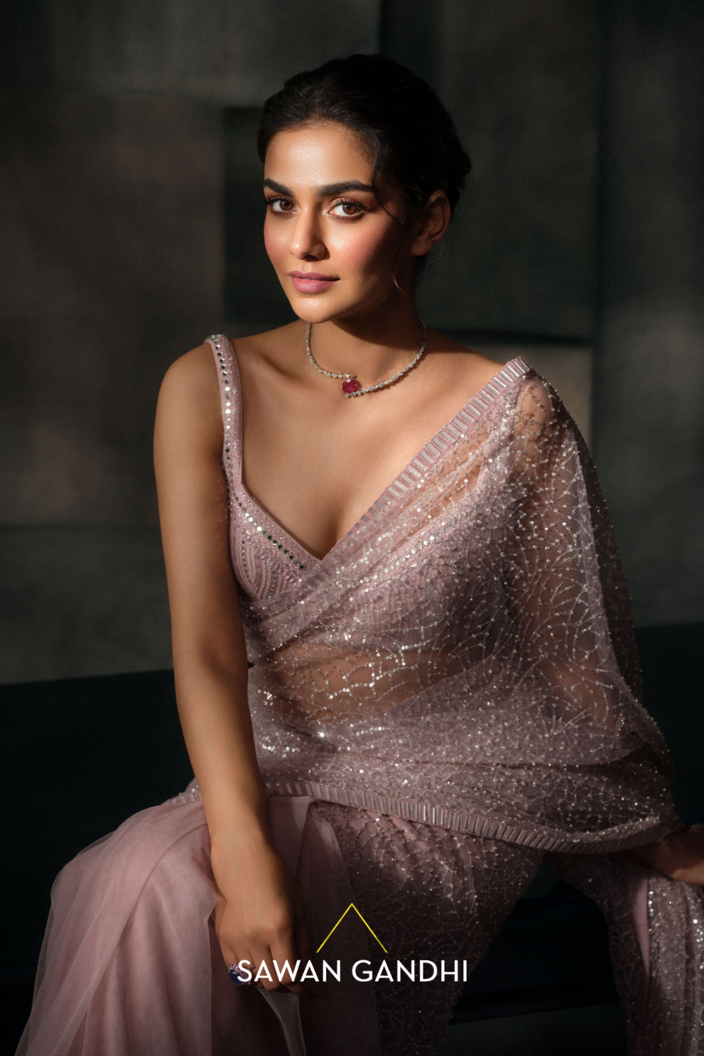 Blush pink sequins saree