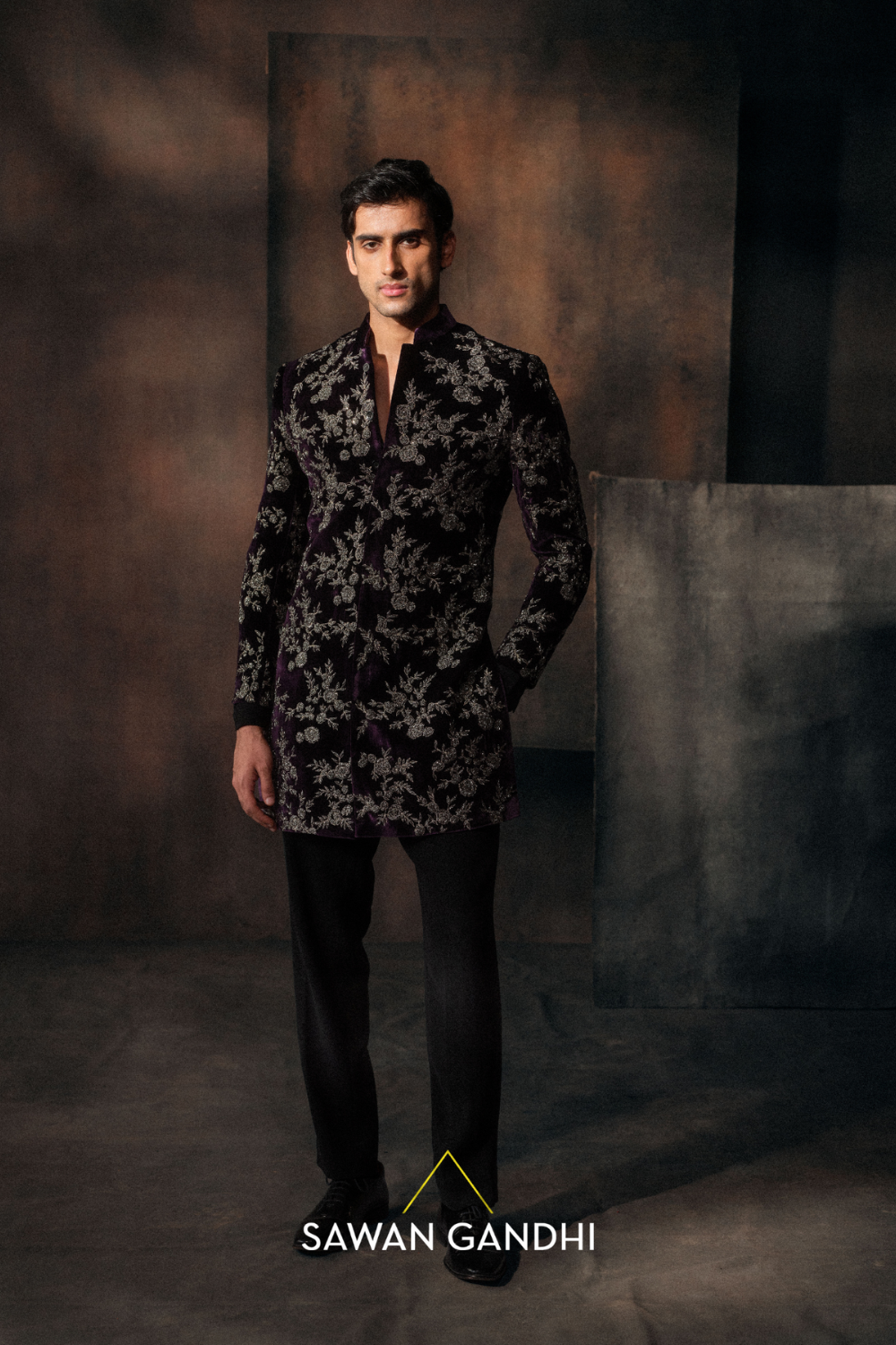 Black Cutdana Embroidery Shewani