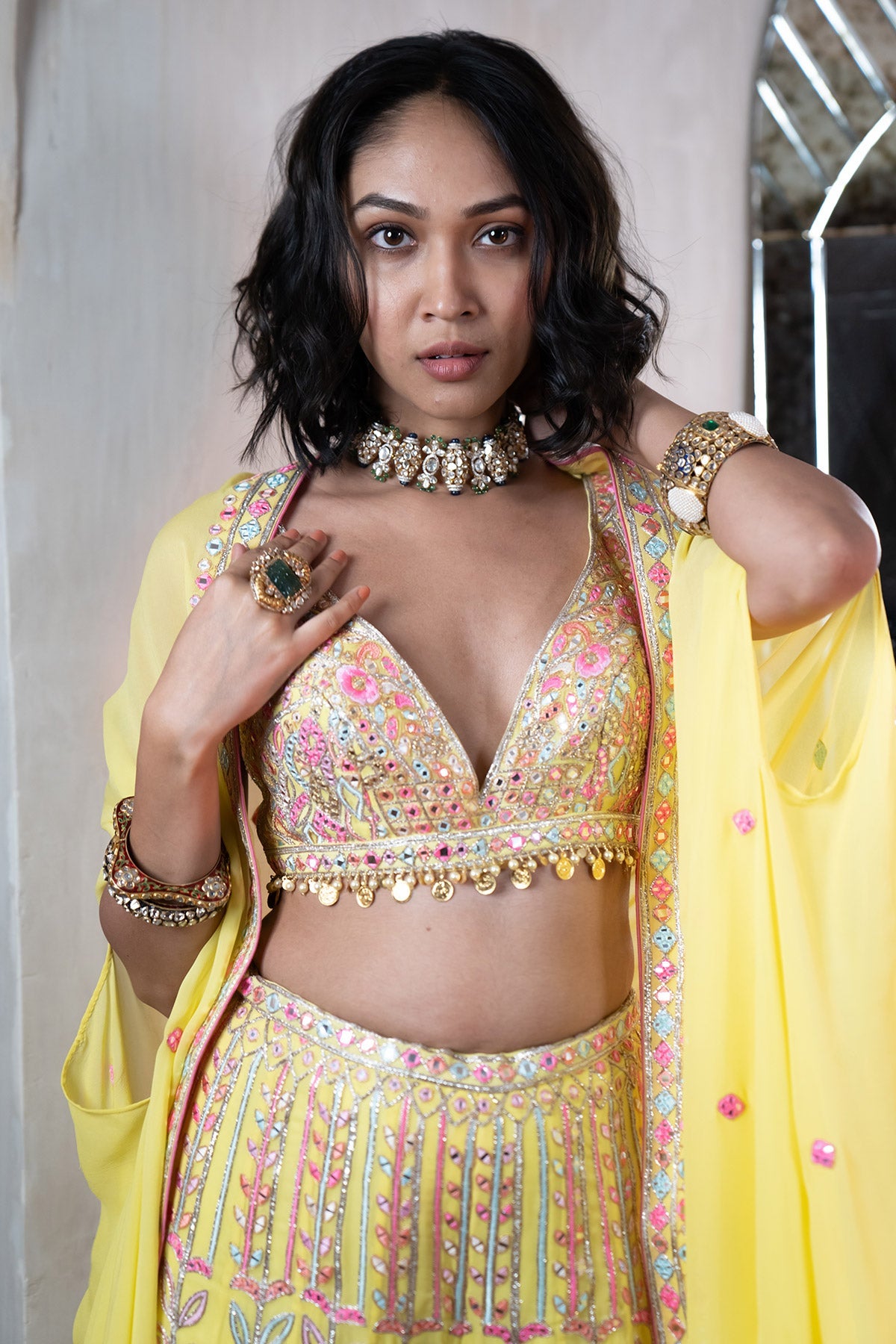 Bright Yellow Embroidered High Waist Sharara With Cape