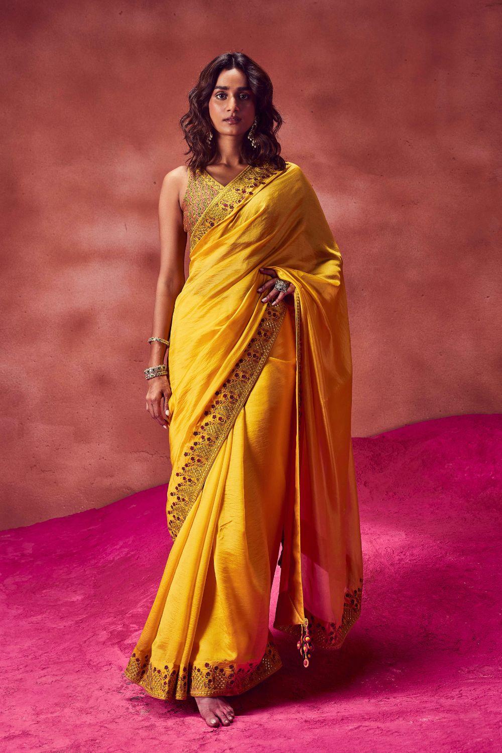 Yellow Resham Work Saree Set