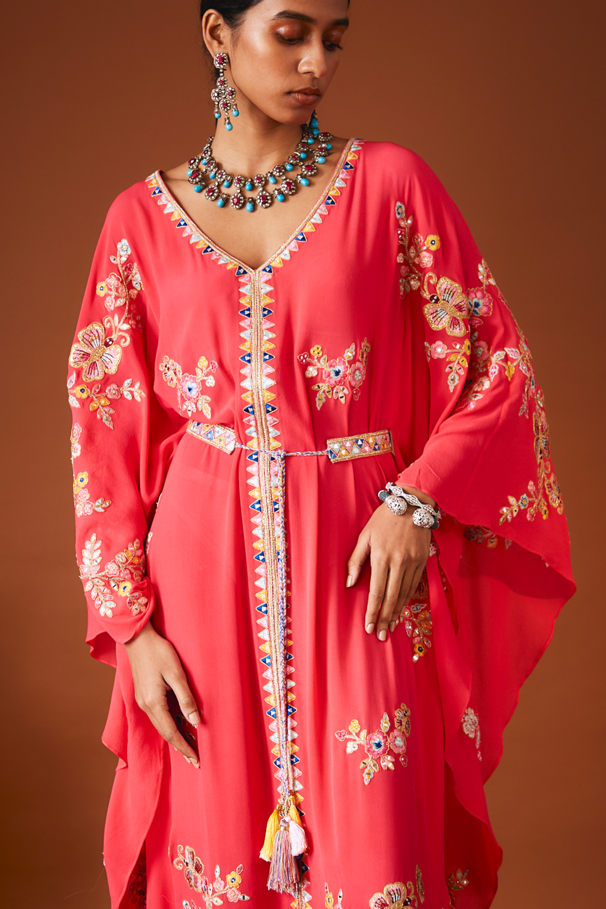 Bright Pink Georgette Kaftan With Mirror And Resham