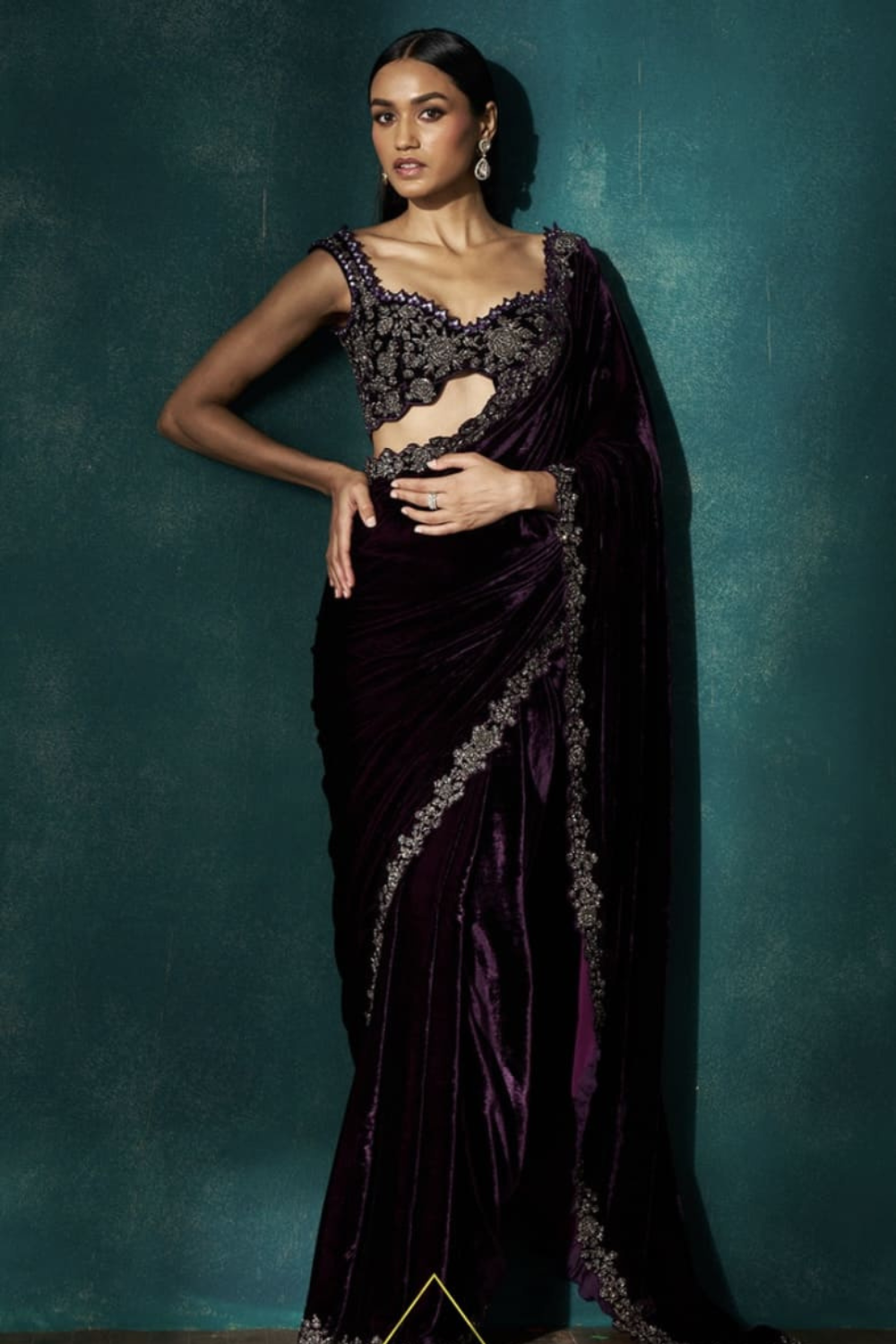 Wine velvet saree