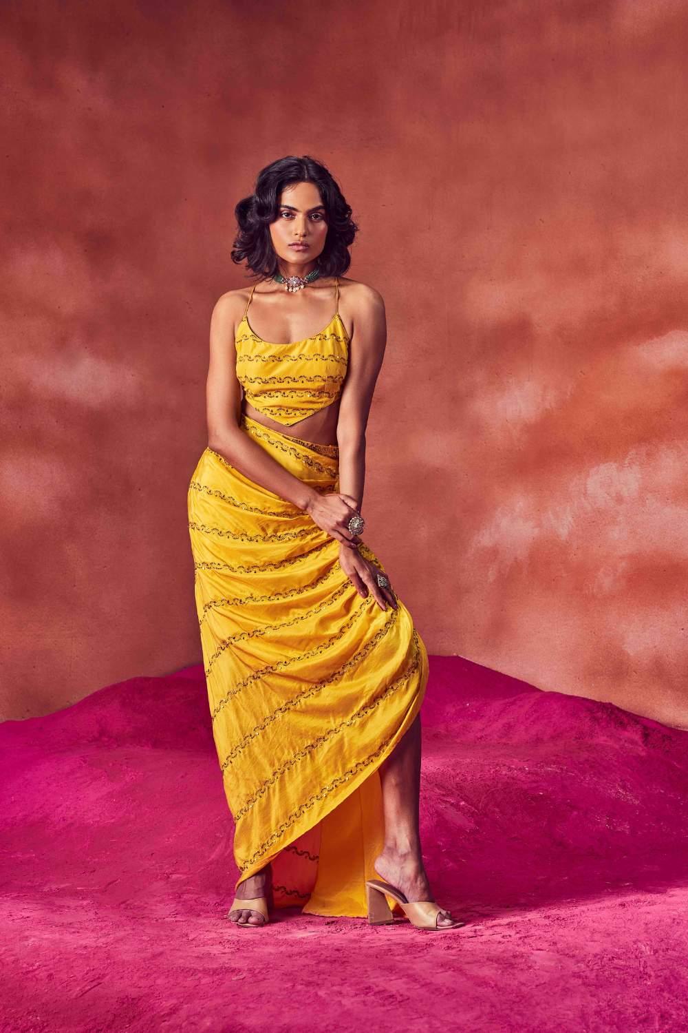 Yellow Draped Skirt Paired With Top & Jacket