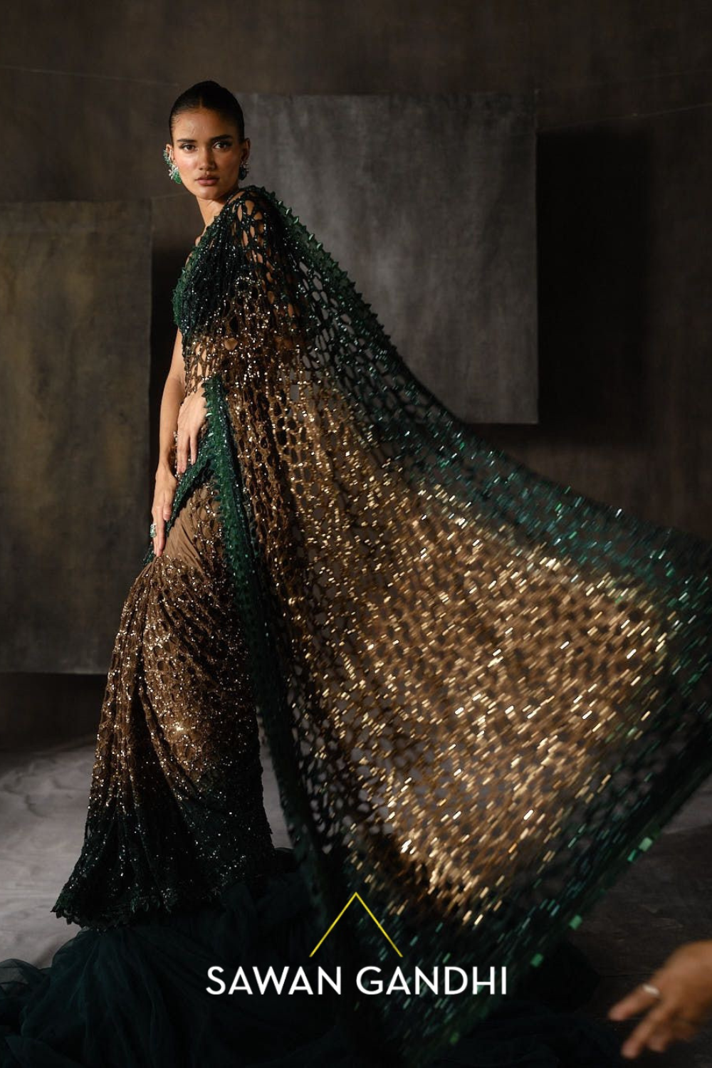 Green And Gold Cutwork Saree