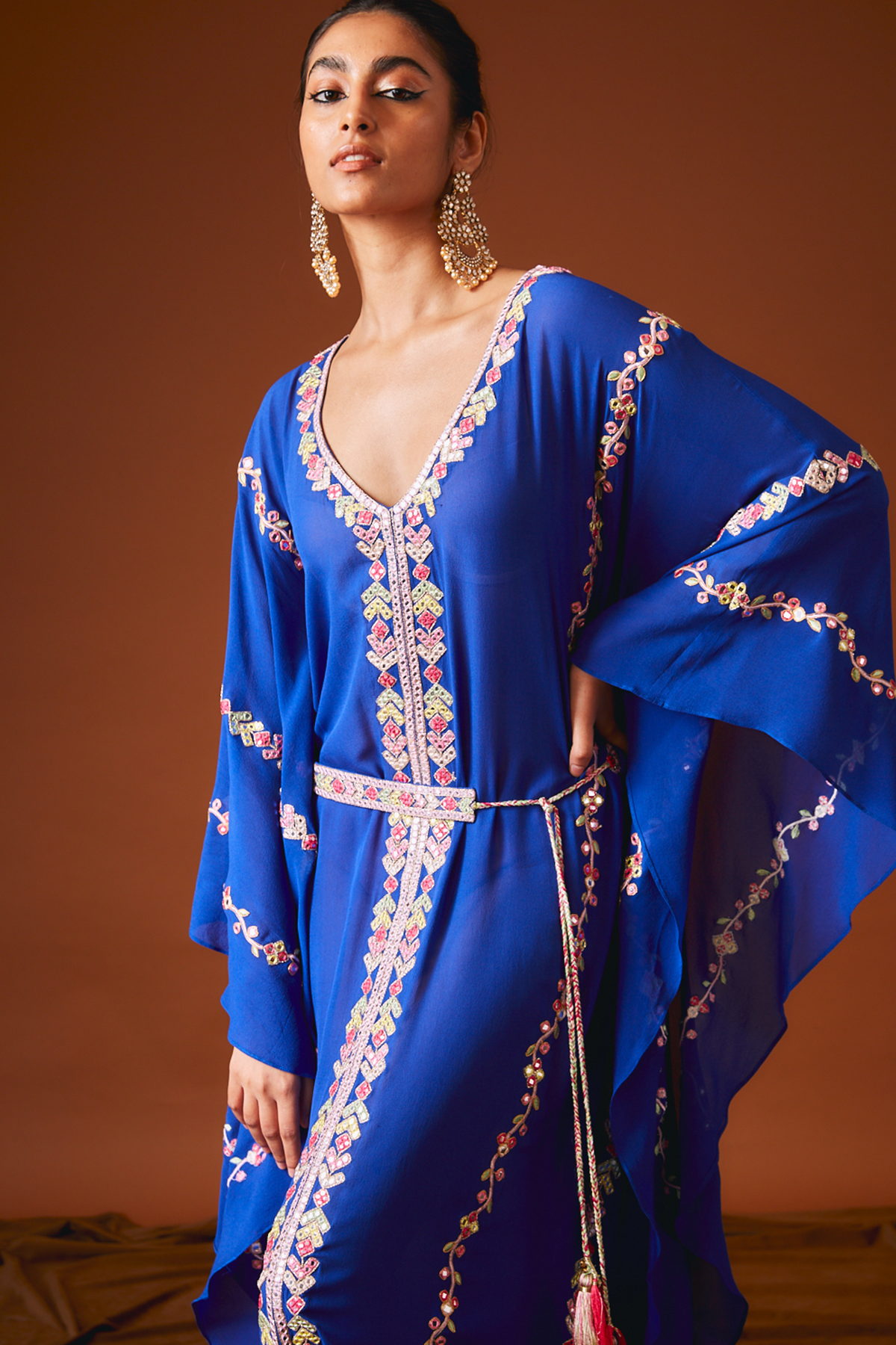 Royal Blue Georgette Kaftan With Mirror And Resham