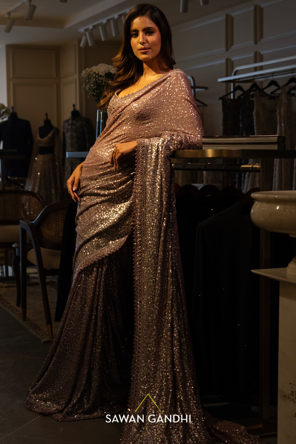 Mauve silver sequins saree