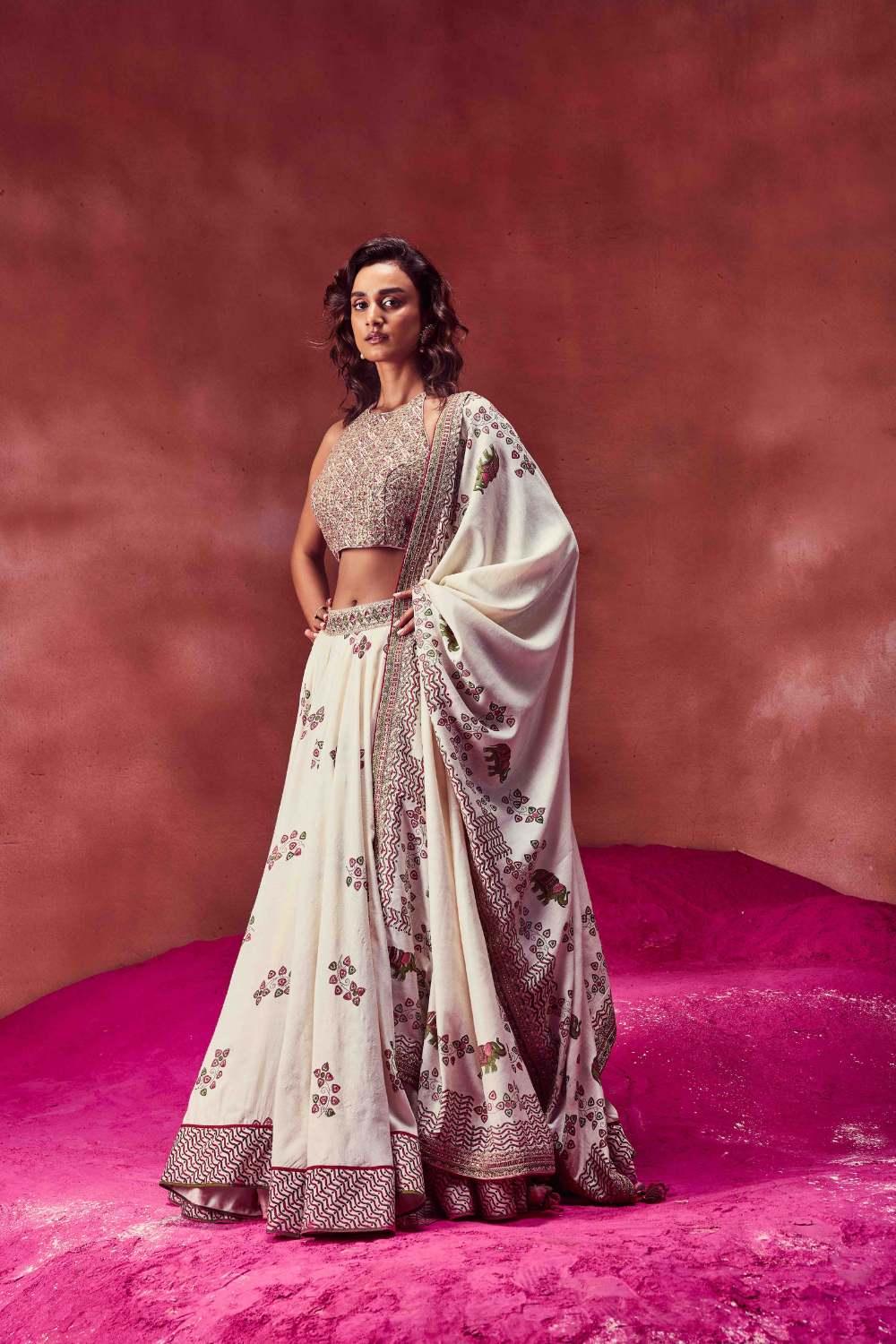 Ivory Halter Neck Blouse With lehenga Set