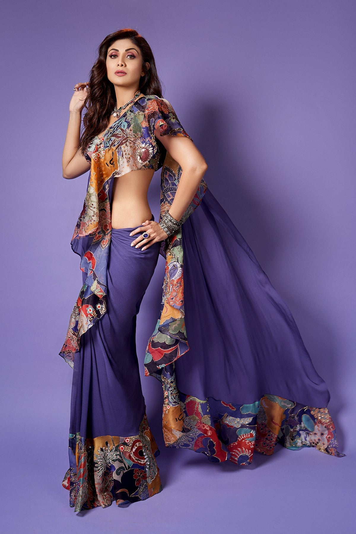 Shilpa Shetty In Indigo - Violet Georgette Ruffle Saree Set