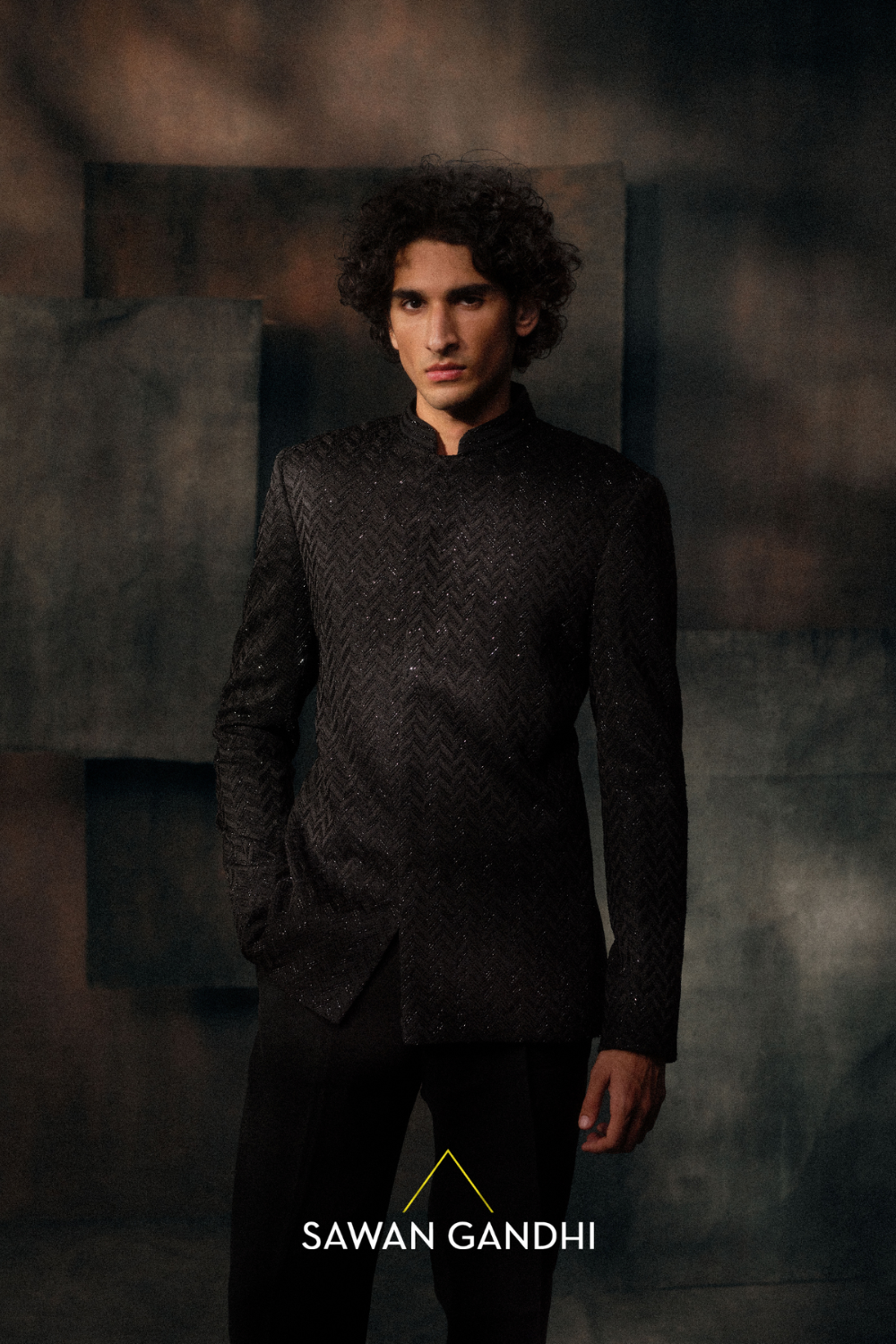 Black Chevron pattern Cutdana Bandhgala