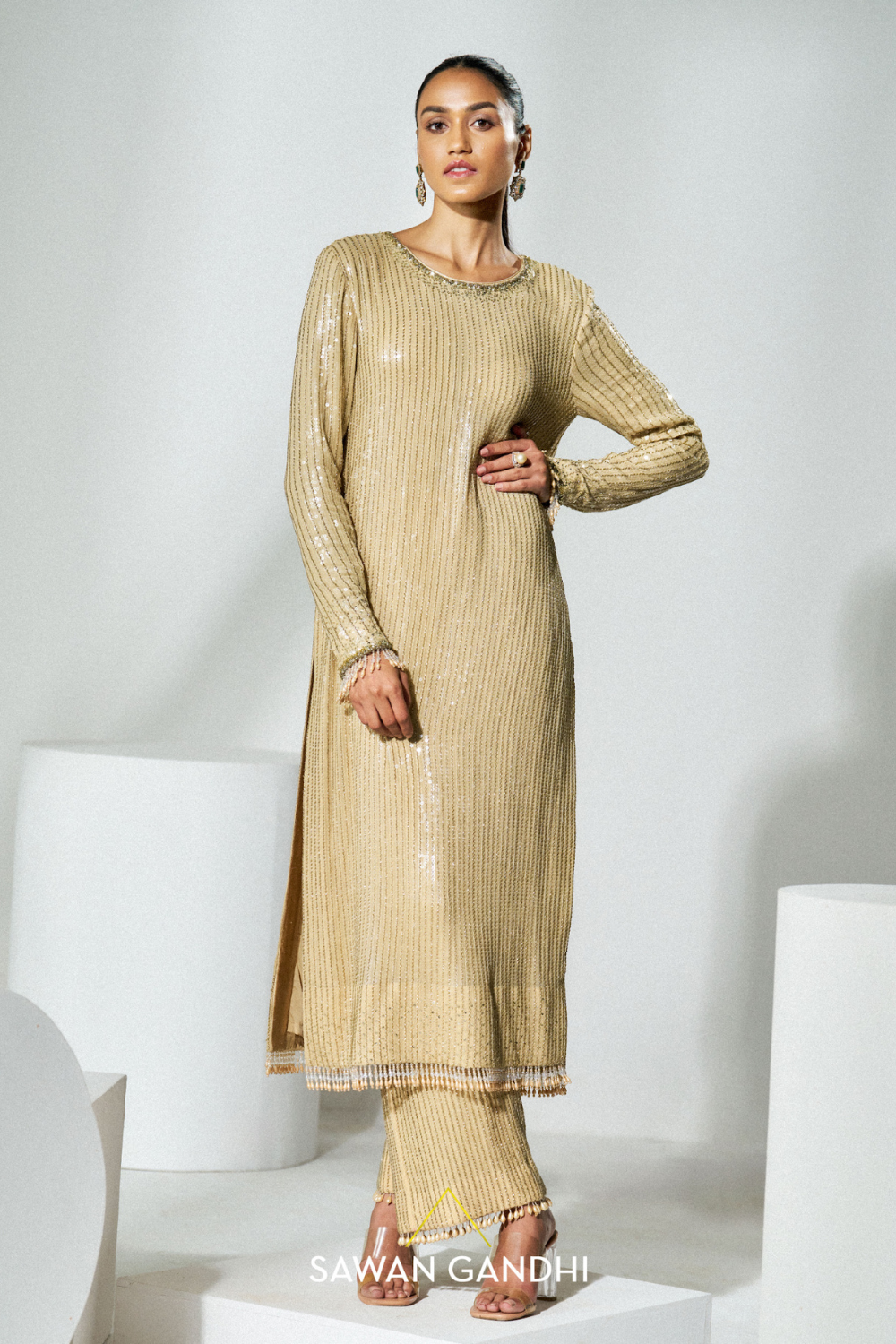 Light gold georgette sequins suit
