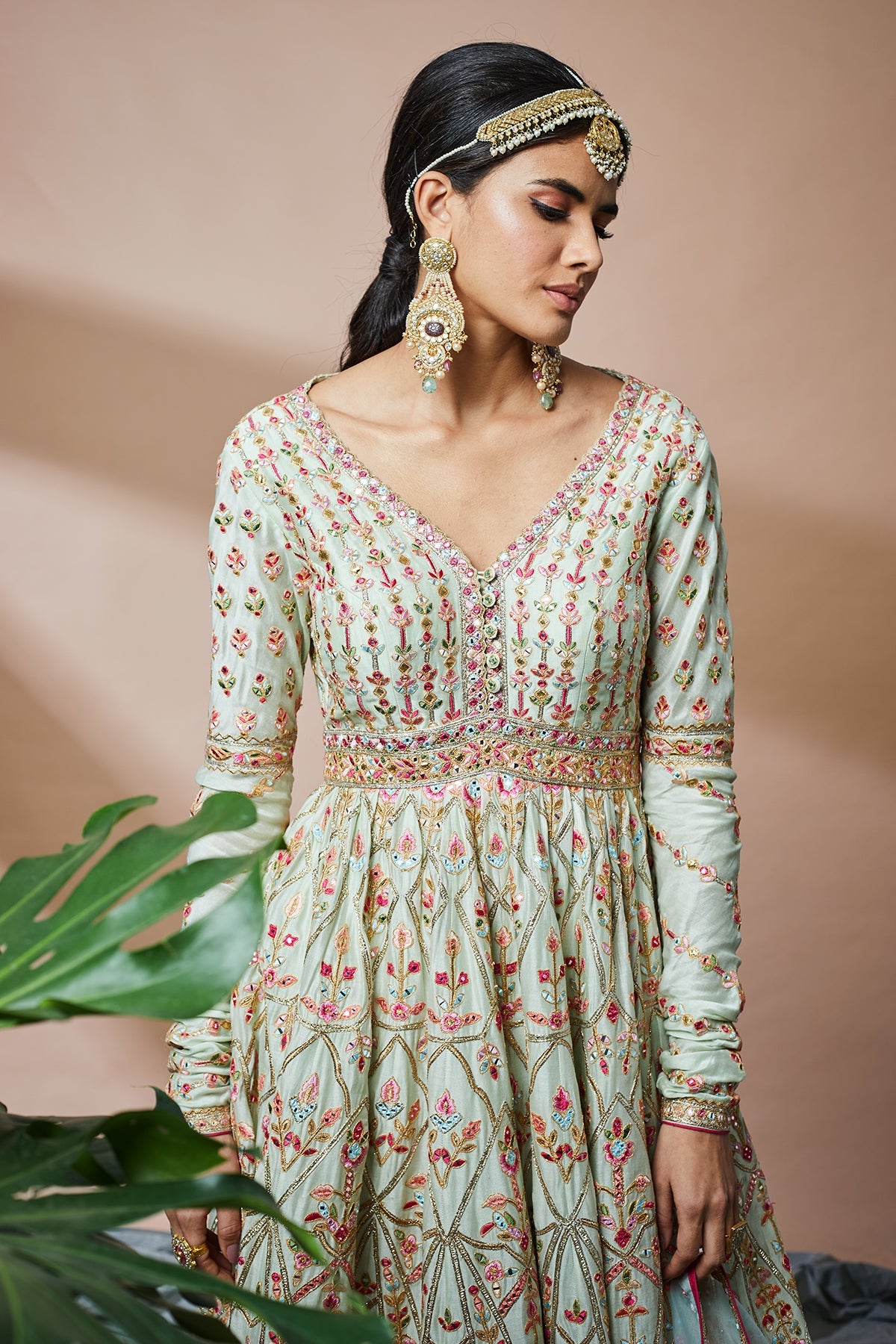 Green Georgette Anarkali With Blue Dupatta
