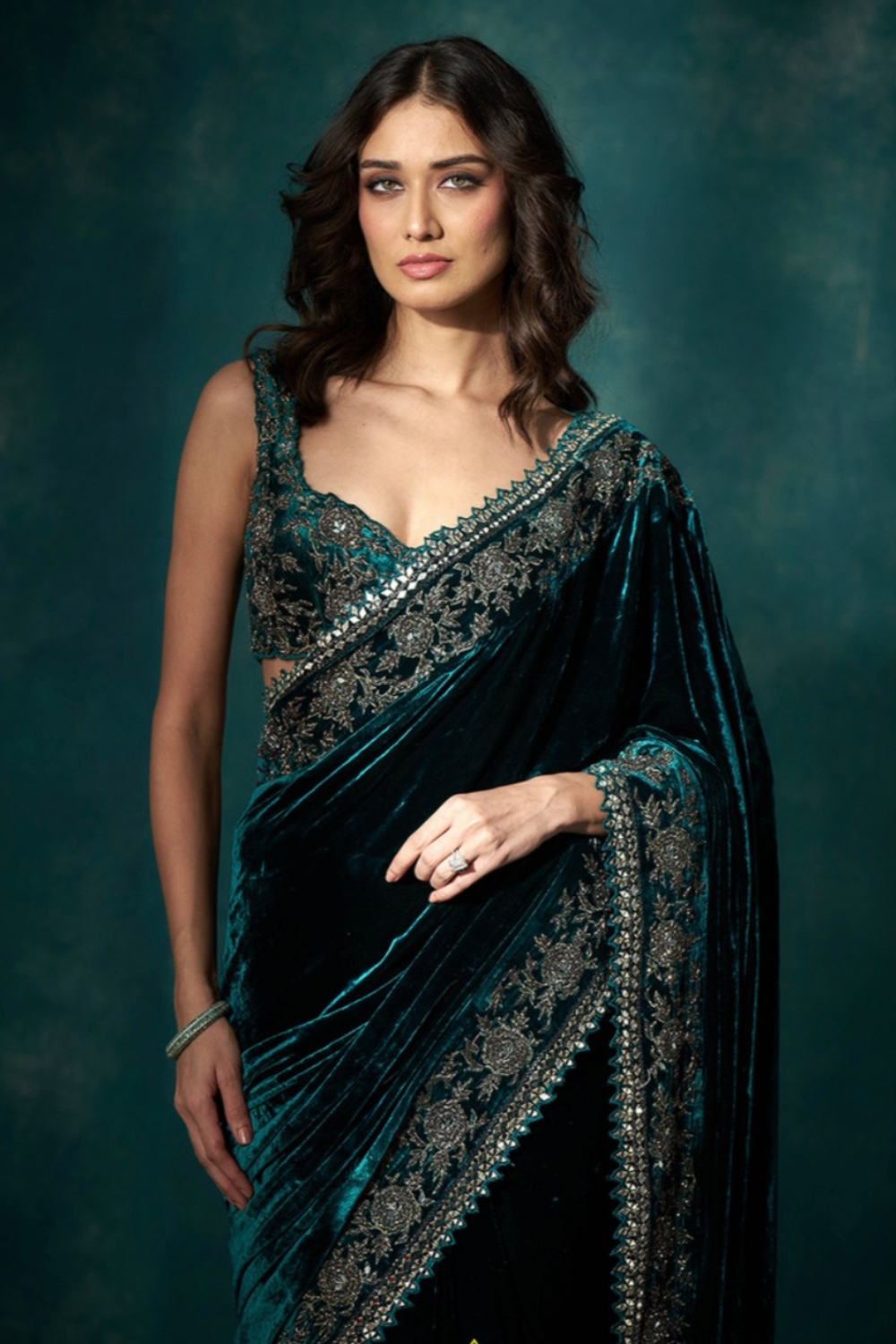 Teal velvet saree