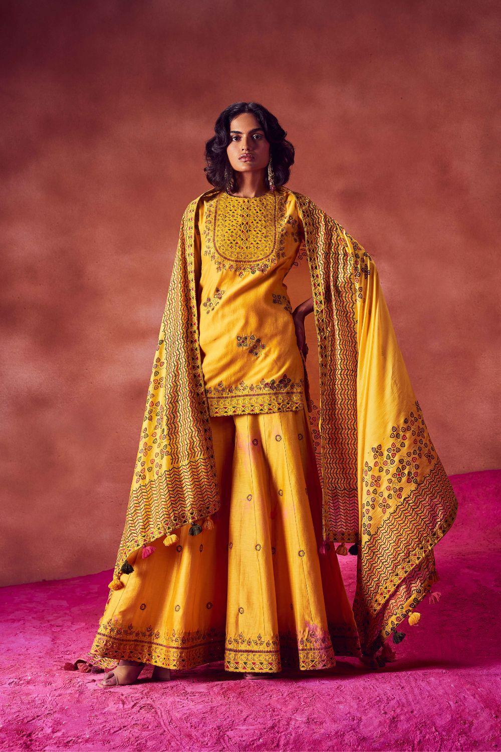 Yellow Short Kurti With Sharara Set