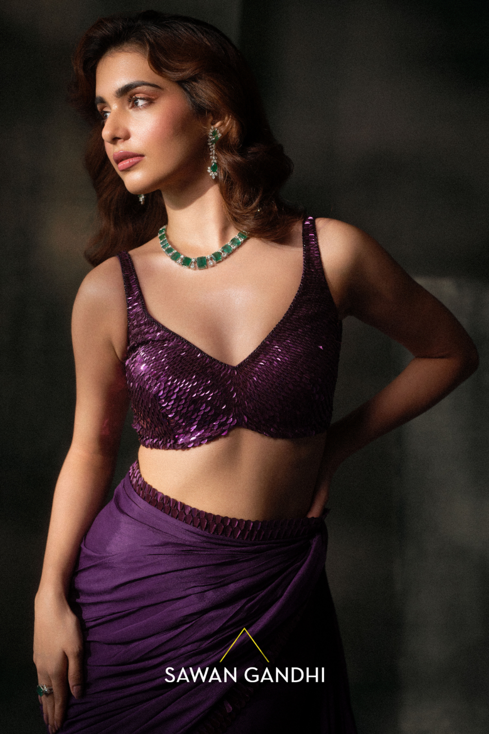 Purple sequins border saree