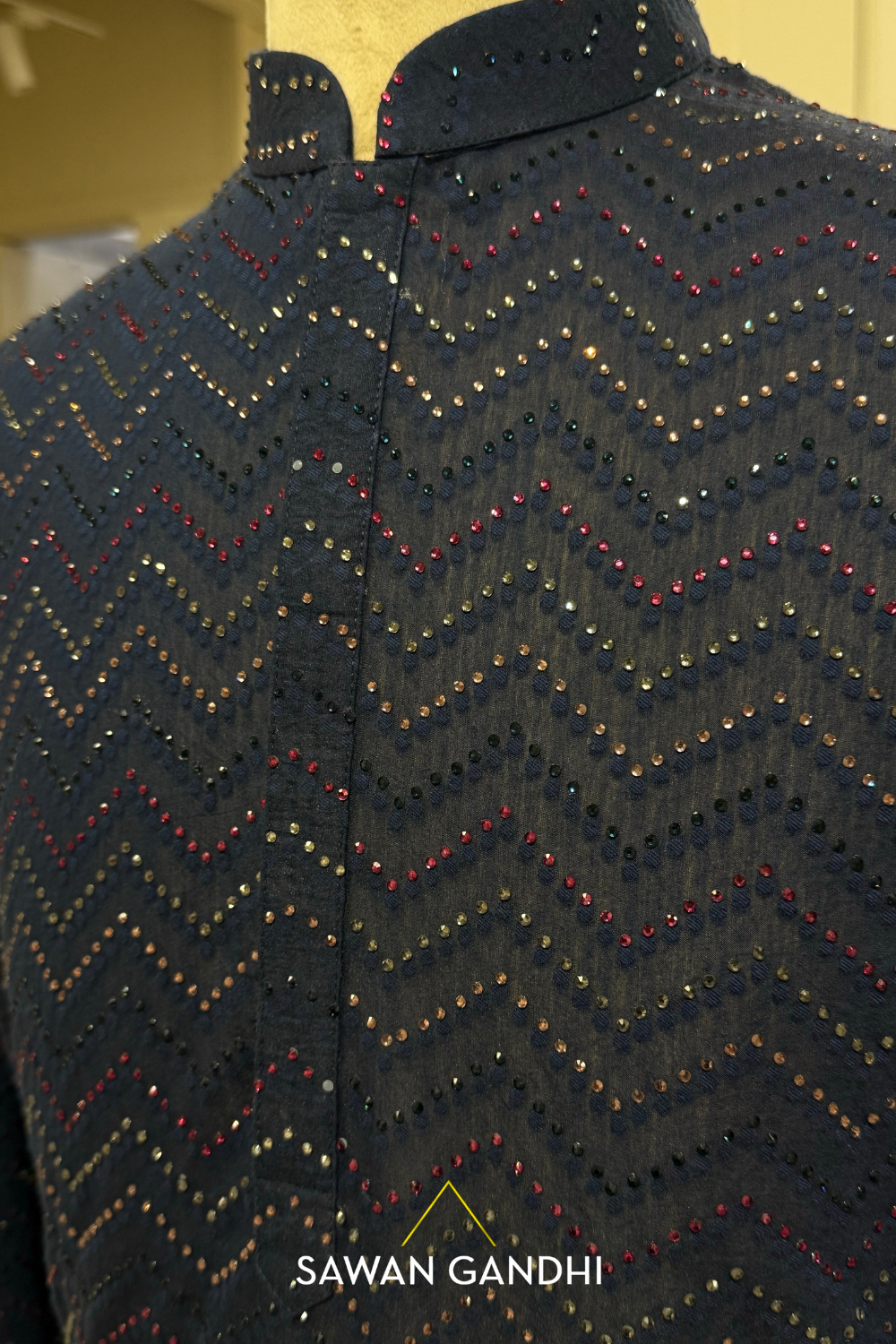 Navy Blue Chevron Pattern Swarovski Kurta.