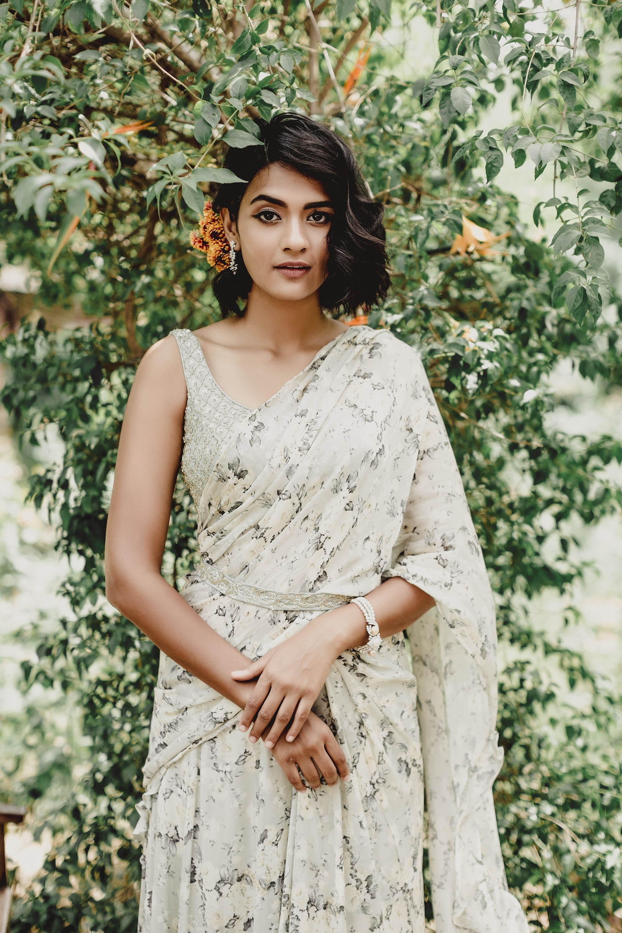 Mint Floral Printed Ruffle Saree
