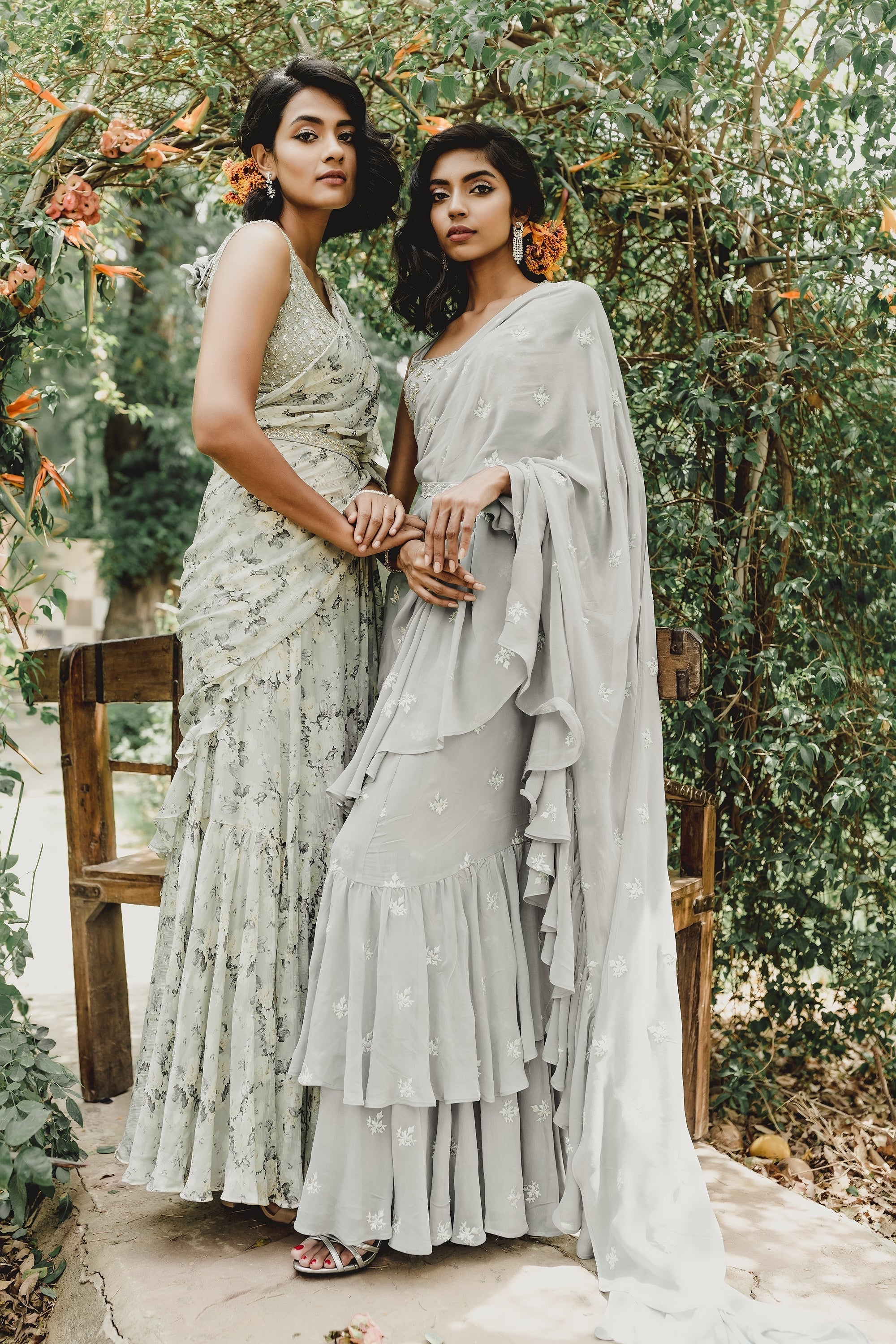Mint Floral Printed Ruffle Saree