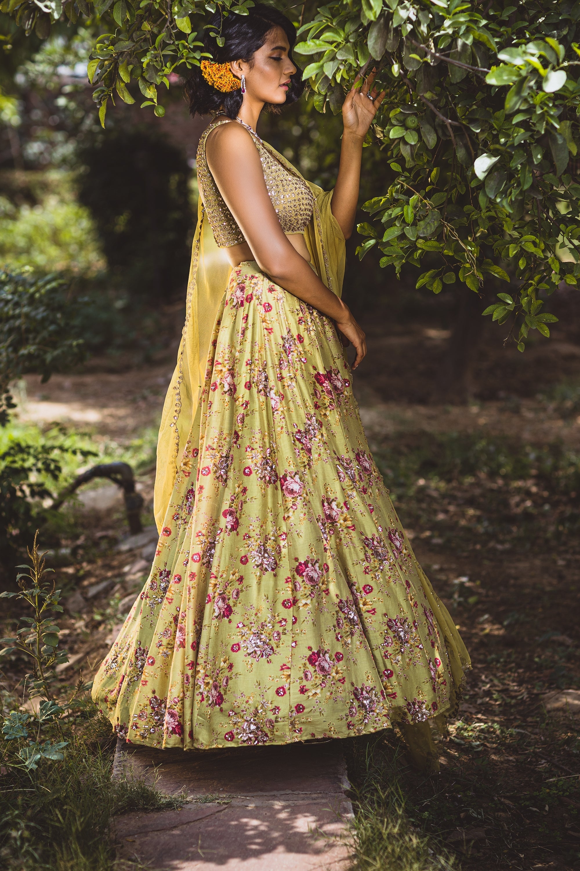 Leaf Green Floral Printed Lehenga Set