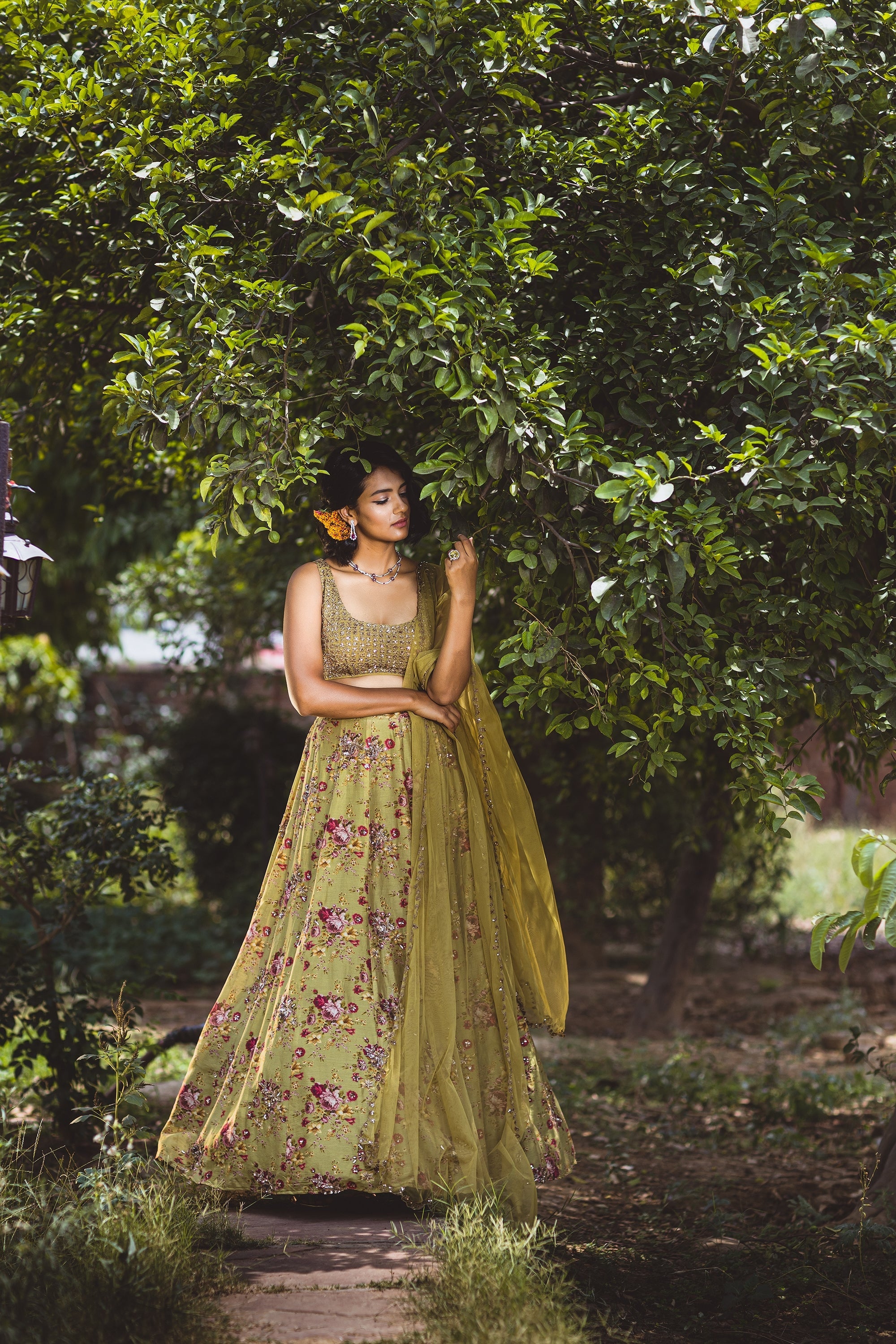 Leaf Green Floral Printed Lehenga Set