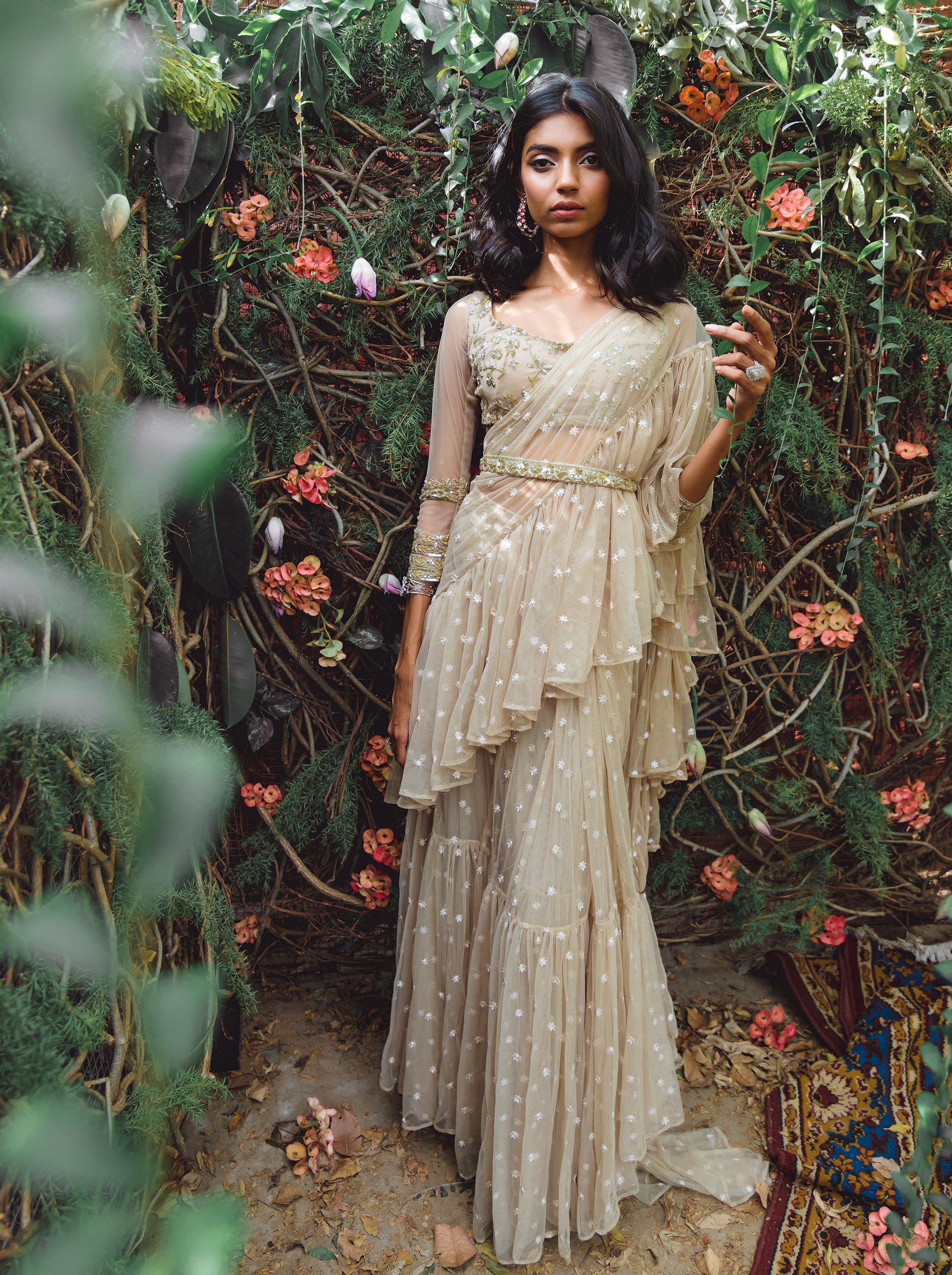 Beige Embellished Saree Set