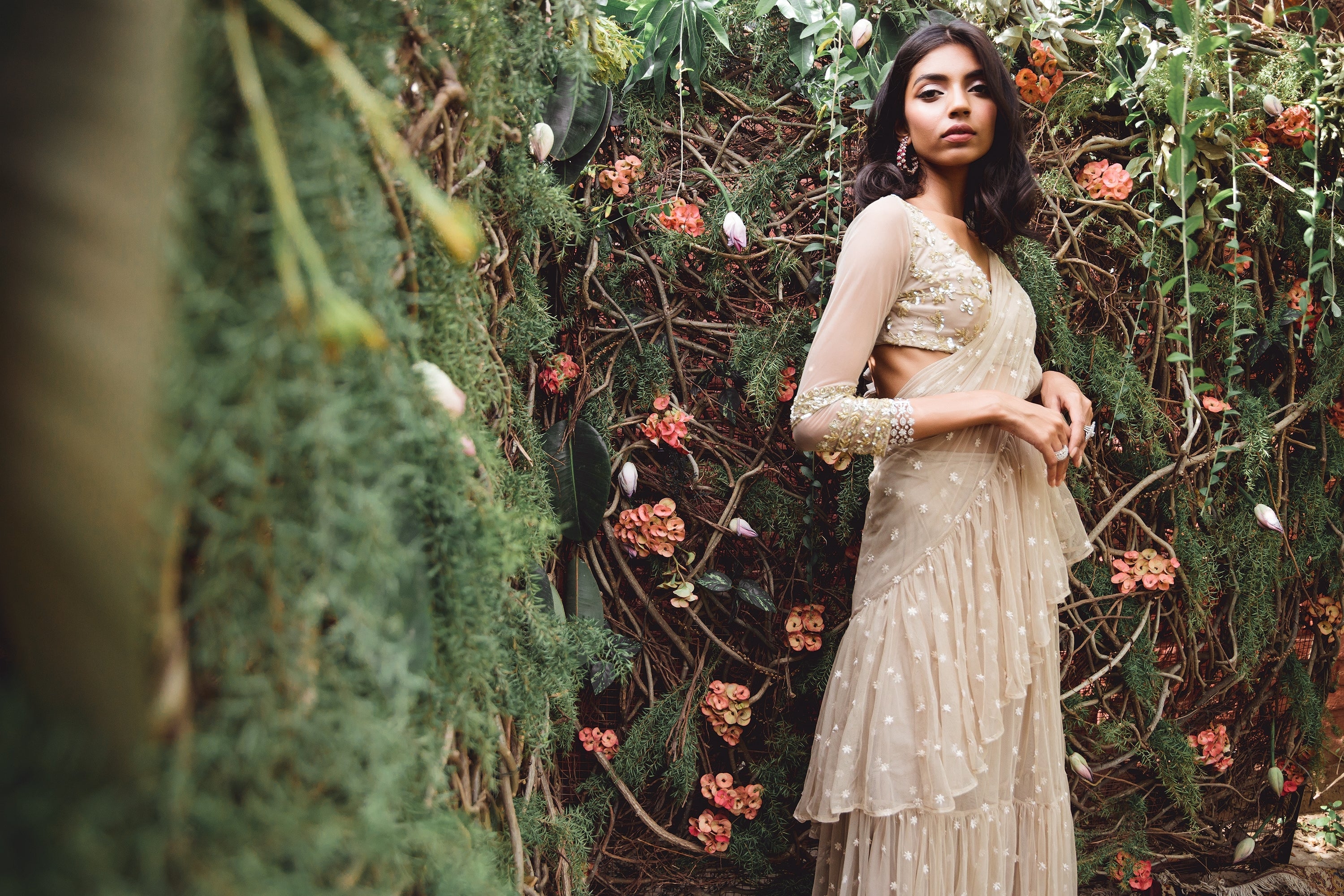 Beige Embellished Saree Set