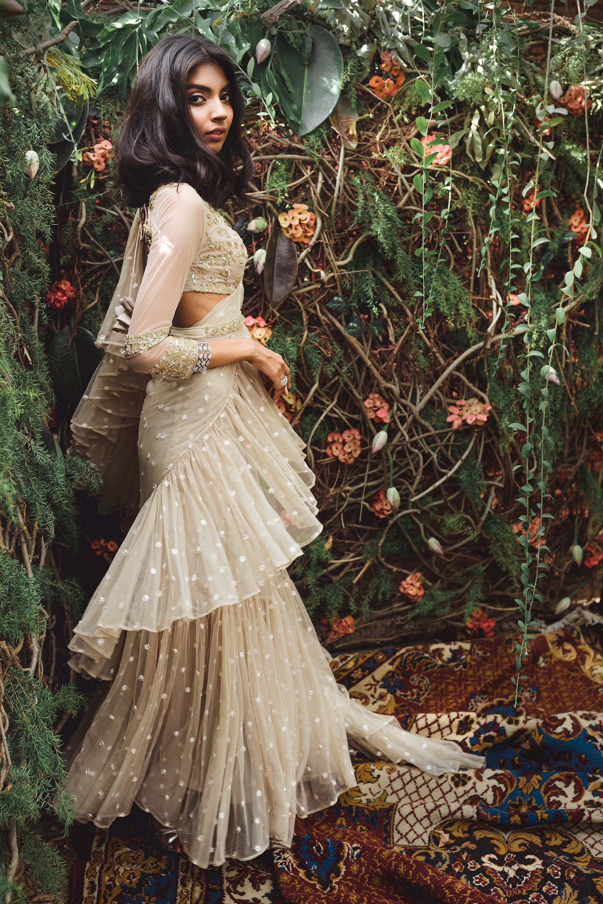 Beige Embellished Saree Set