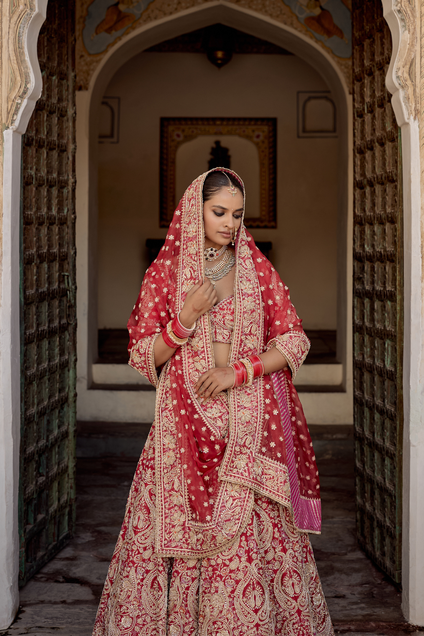 Sanaa - Dabka Zardozi Embroidered Raw Silk Red Bridal Lehenga Set
