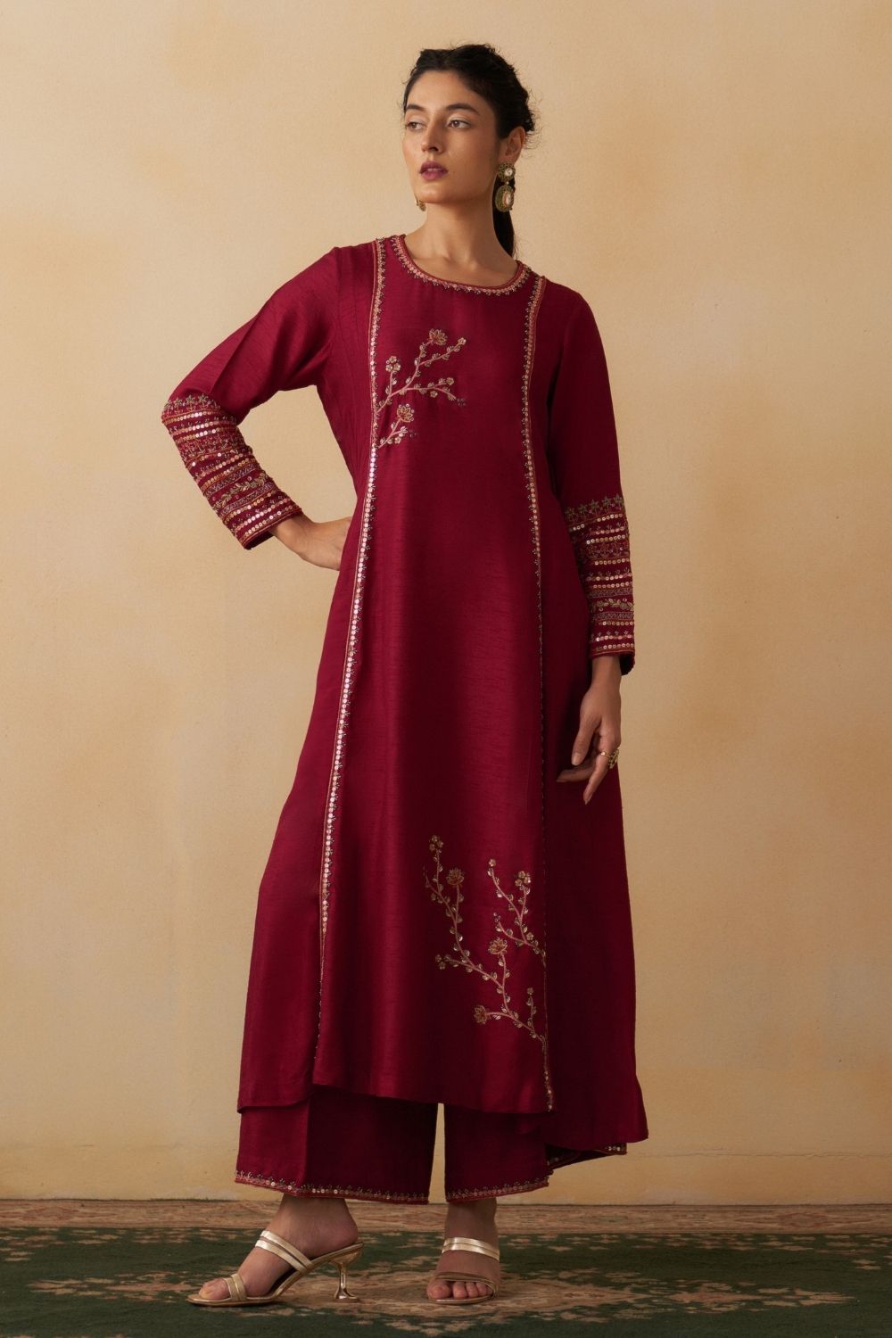 Maroon A-Line Kurti With Palazzo Set