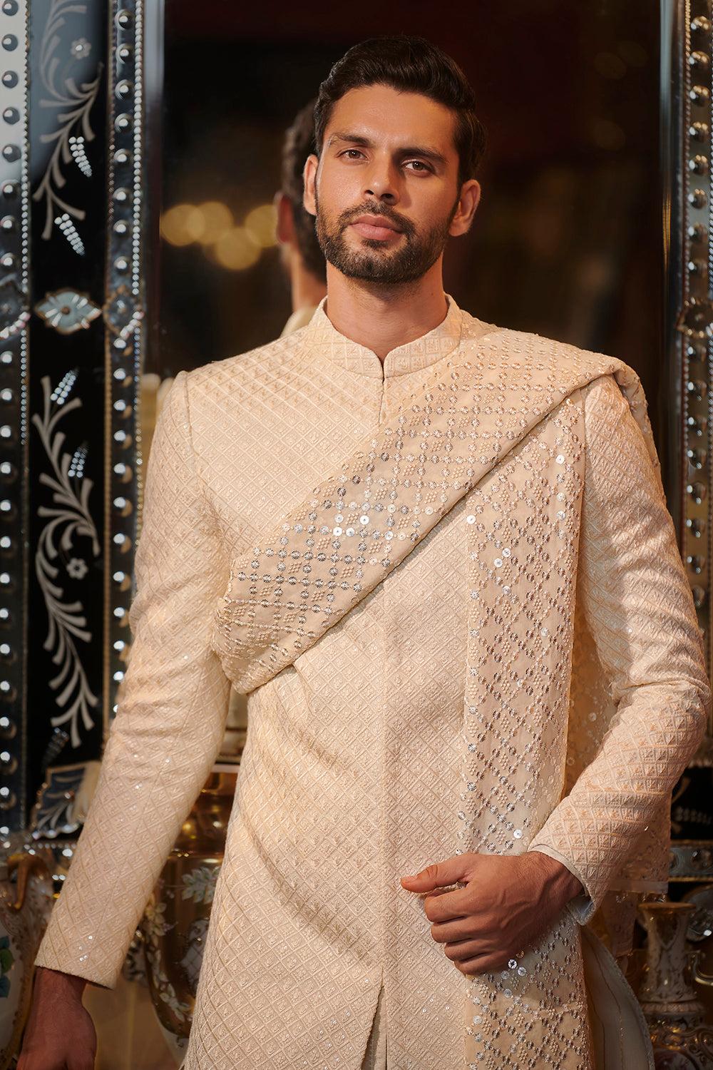 Ivory chickankari sherwani
