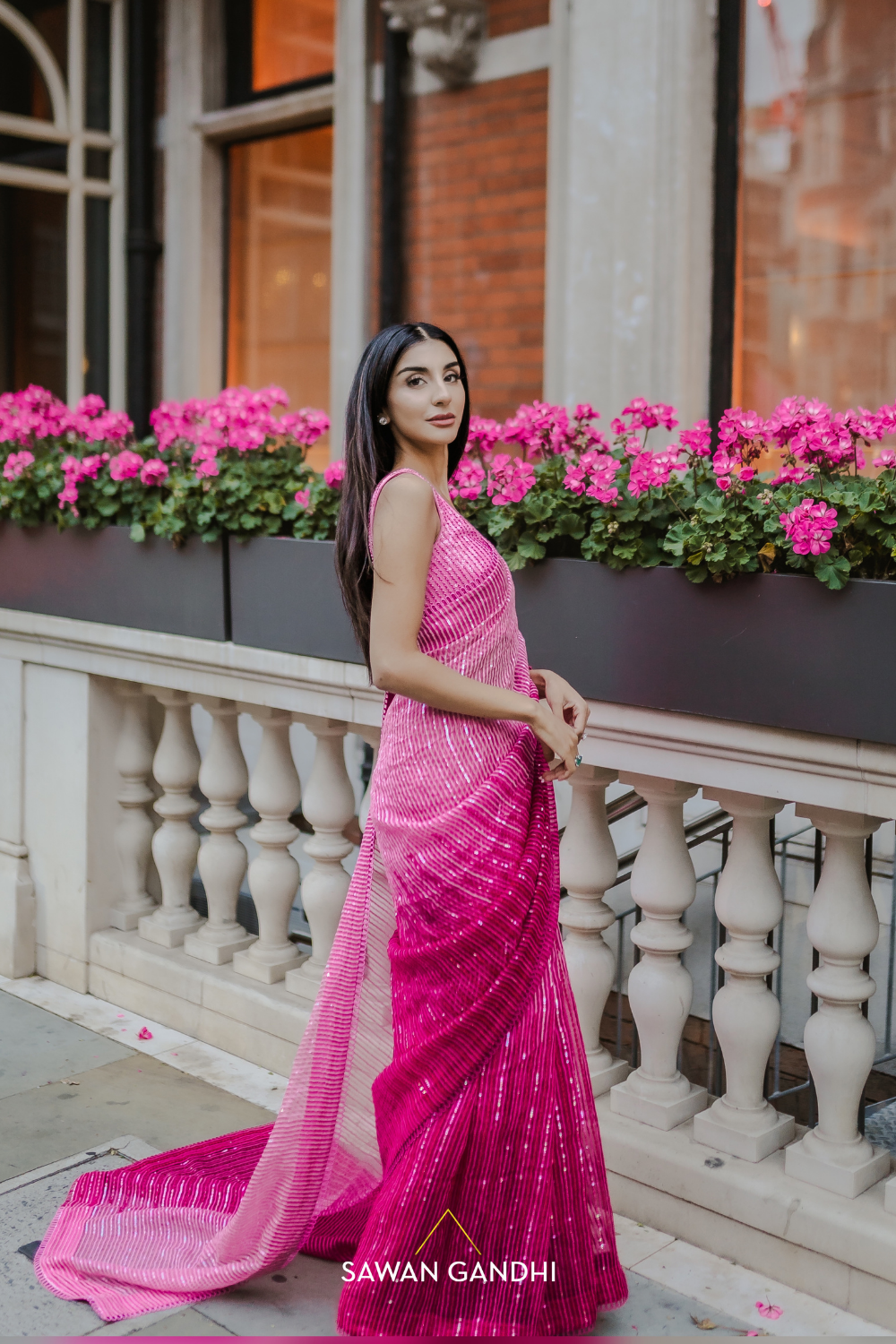 Fuchsia pink ombré organza saree