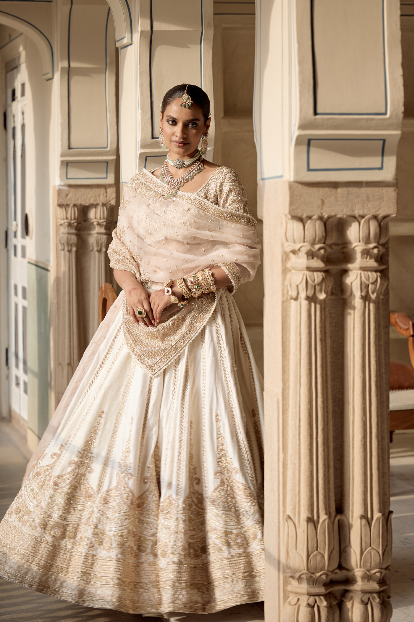 Farah - Dabka Zardozi Embroidered Pure Silk Daisy Ivory Lehenga Set