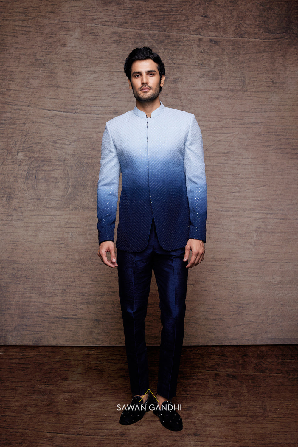 Blue ombre sequins bandhgala