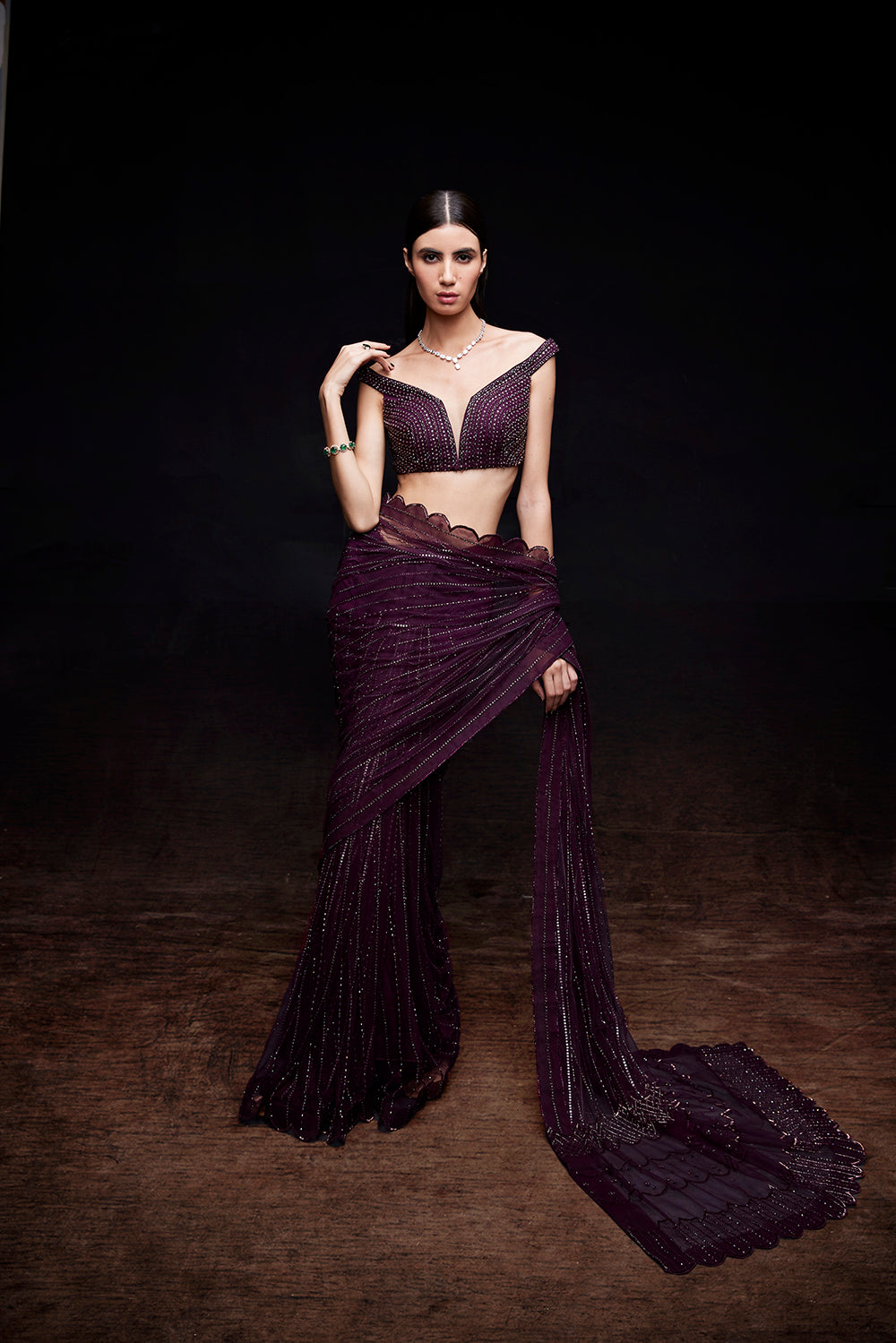 Wine saree with crystal work