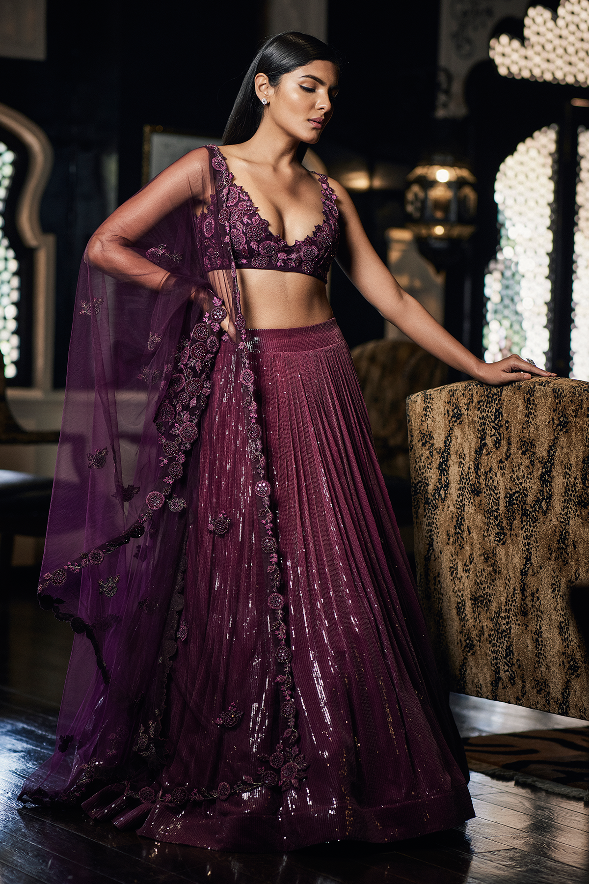 Wine Georgette Lehenga