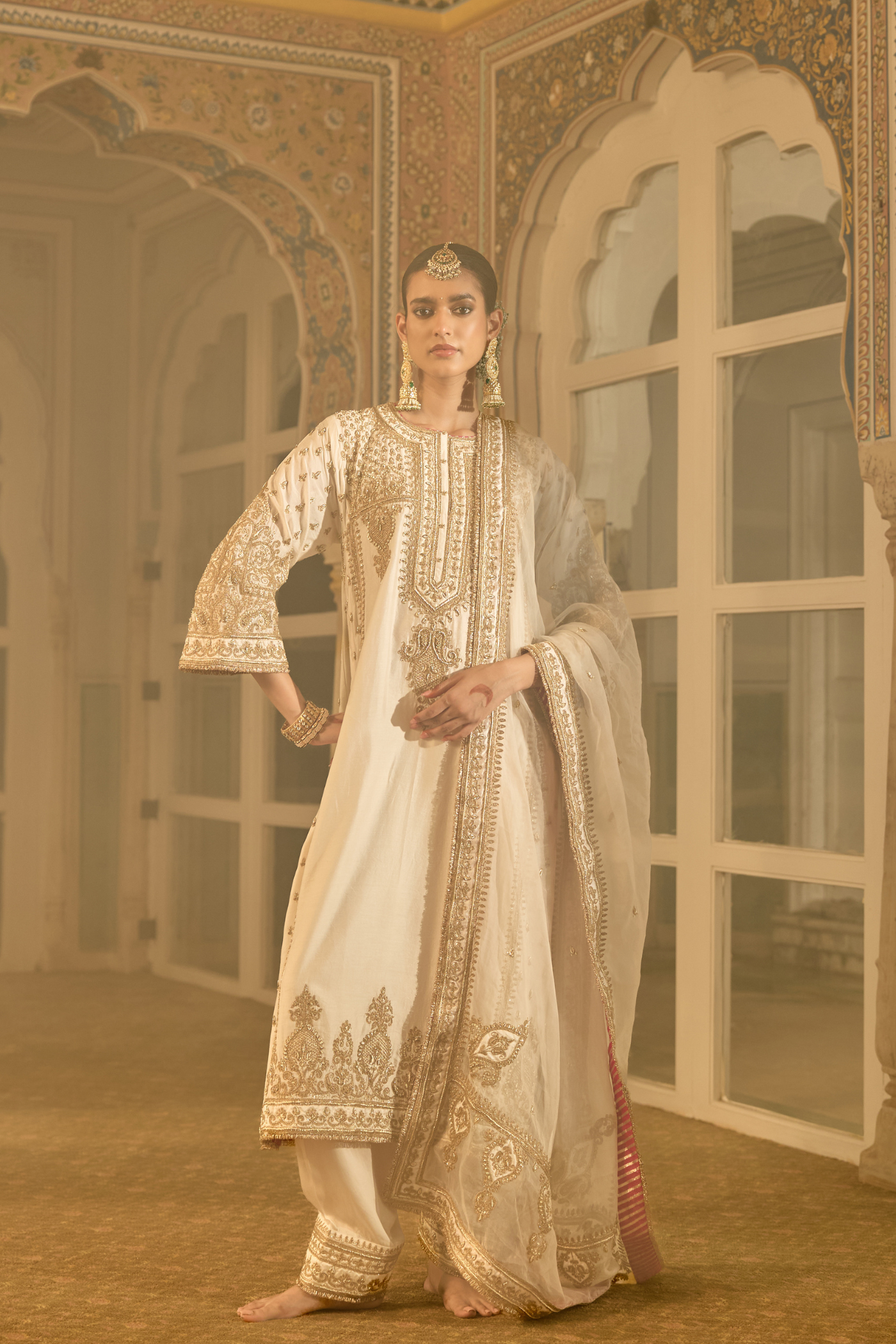 Zoya - Dabka Zardozi Embroidered Rich Banarasi Kalidaar Daisy Ivory Long Chauga Set