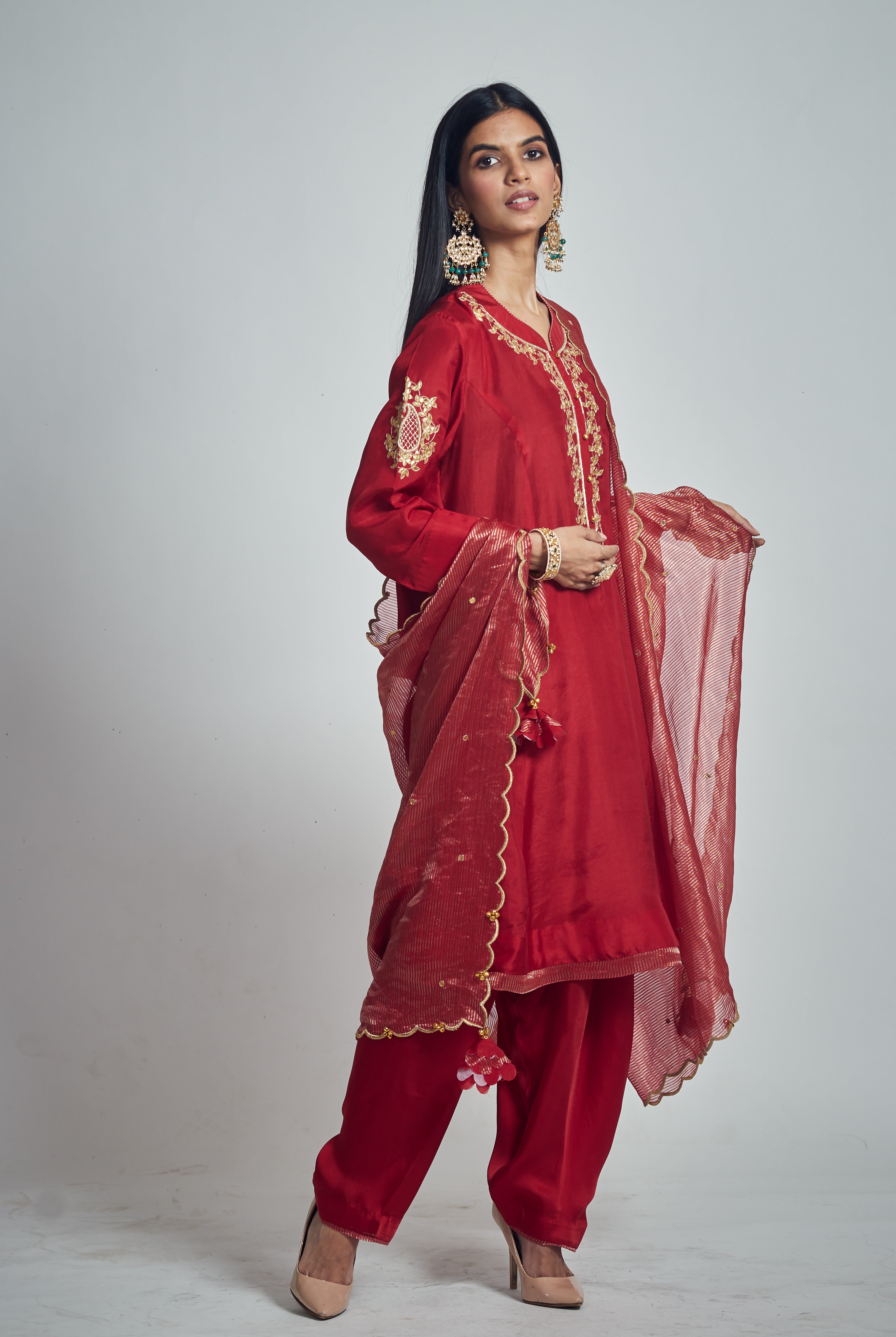 Nazish- Deep red Habutai silk Gota patti embroidered kurta with salwar and dupatta