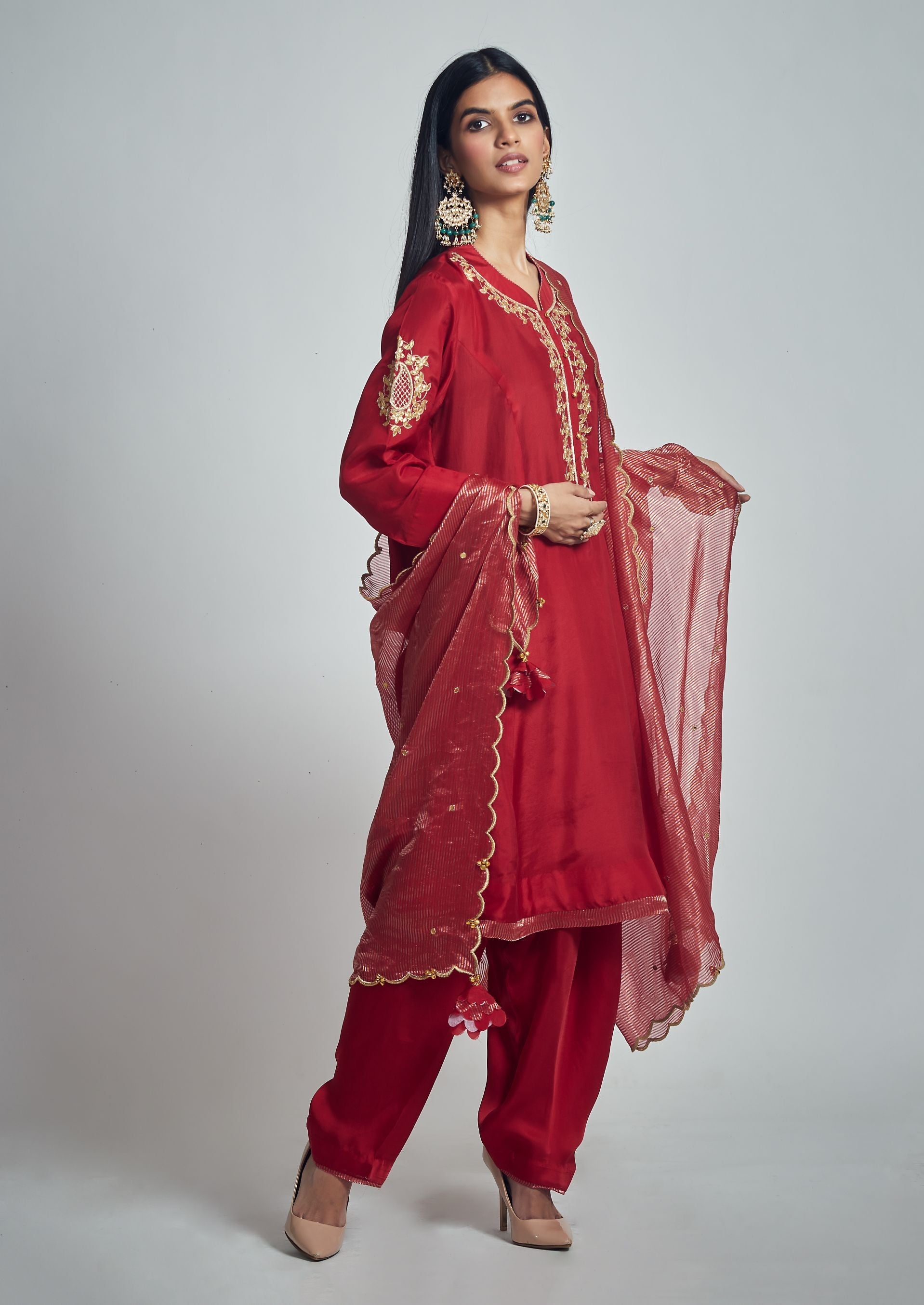 Nazish- Deep red Habutai silk Gota patti embroidered kurta with salwar and dupatta