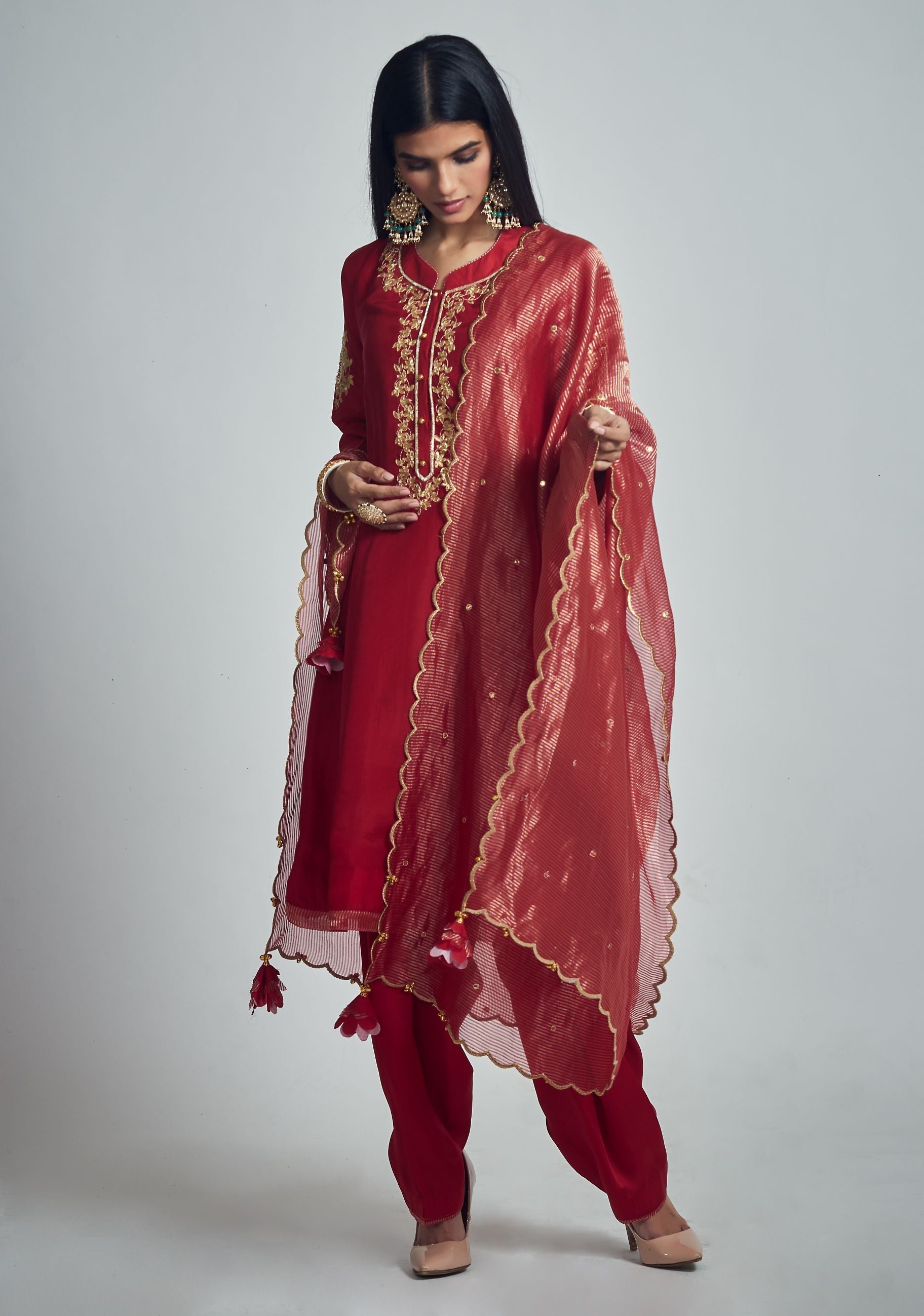 Nazish- Deep red Habutai silk Gota patti embroidered kurta with salwar and dupatta