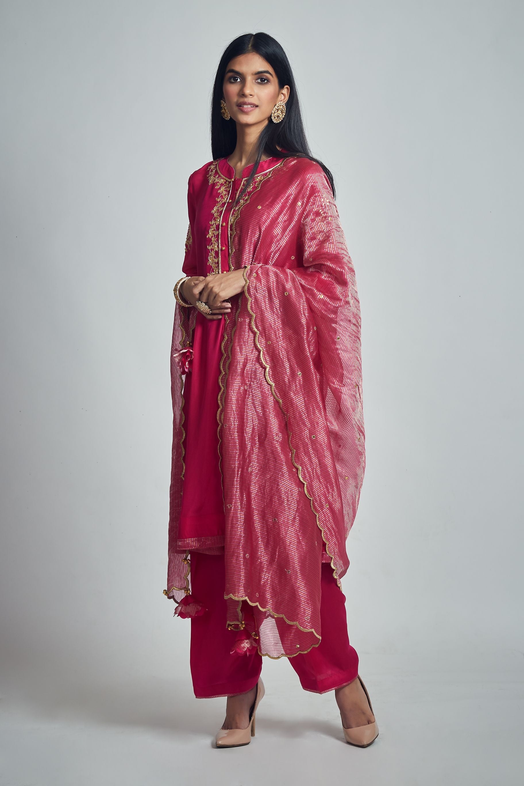 Nazish- Hot pink Habutai silk Gota Patti embroidered kurta with salwar and dupatta