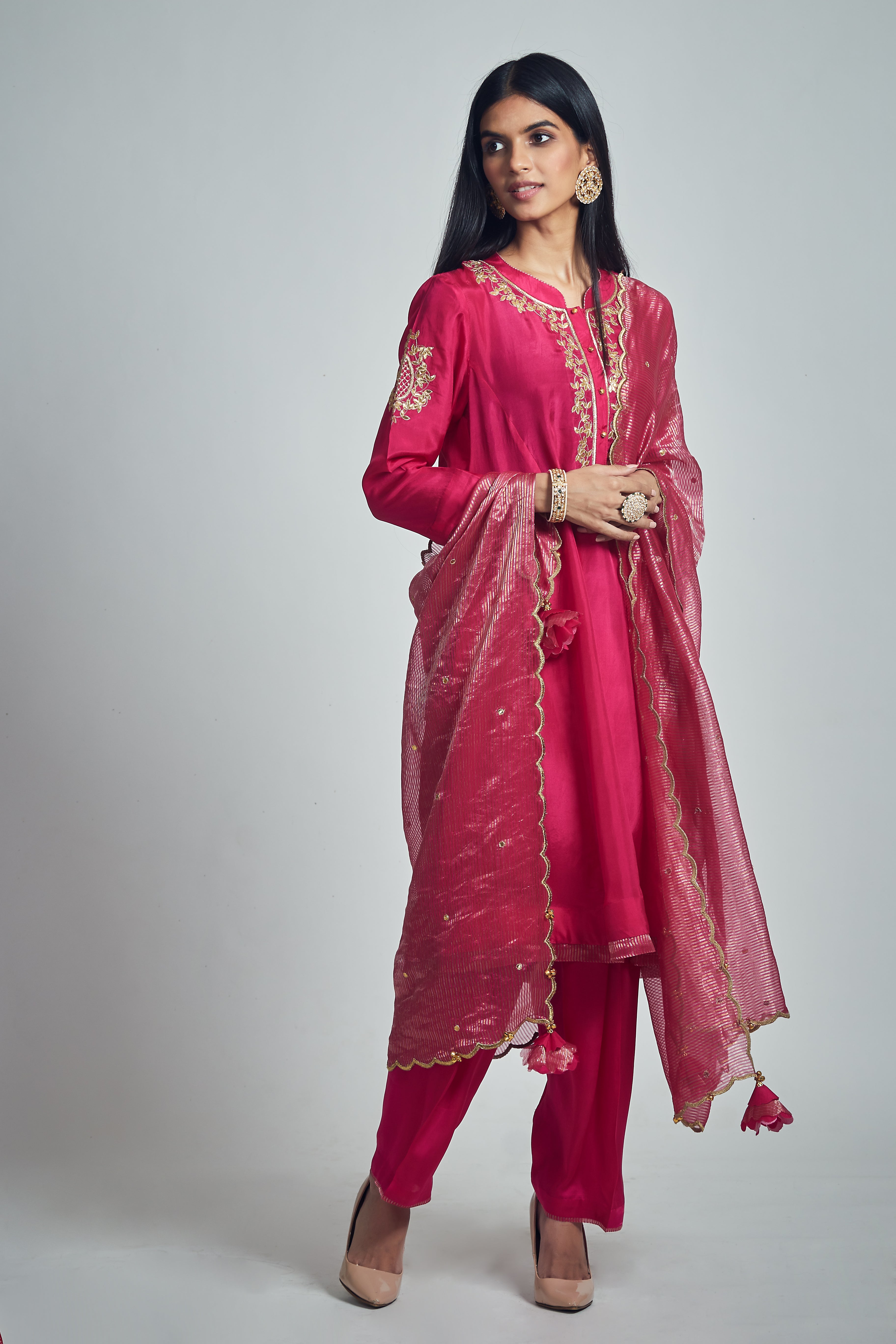 Nazish- Hot pink Habutai silk Gota Patti embroidered kurta with salwar and dupatta