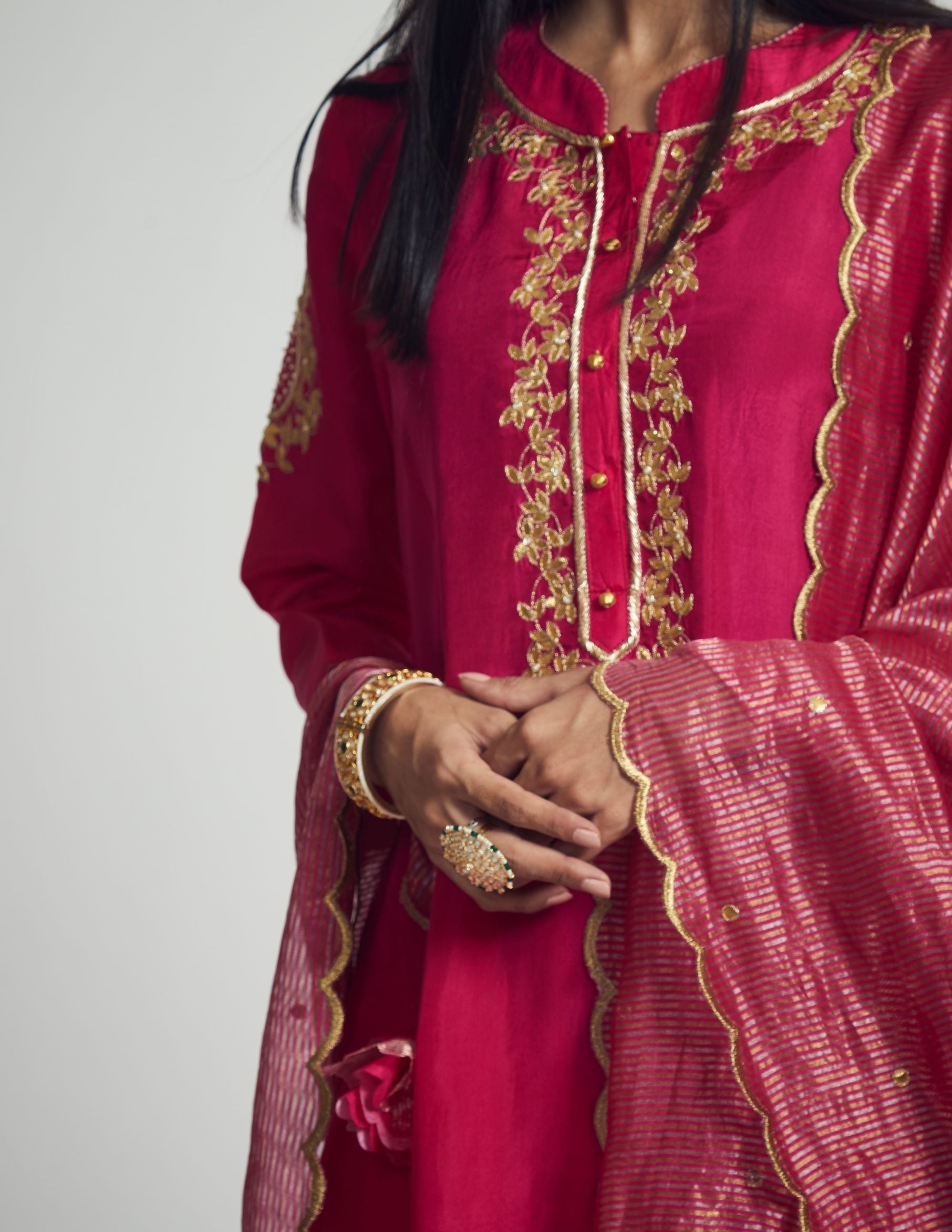 Nazish- Hot pink Habutai silk Gota Patti embroidered kurta with salwar and dupatta