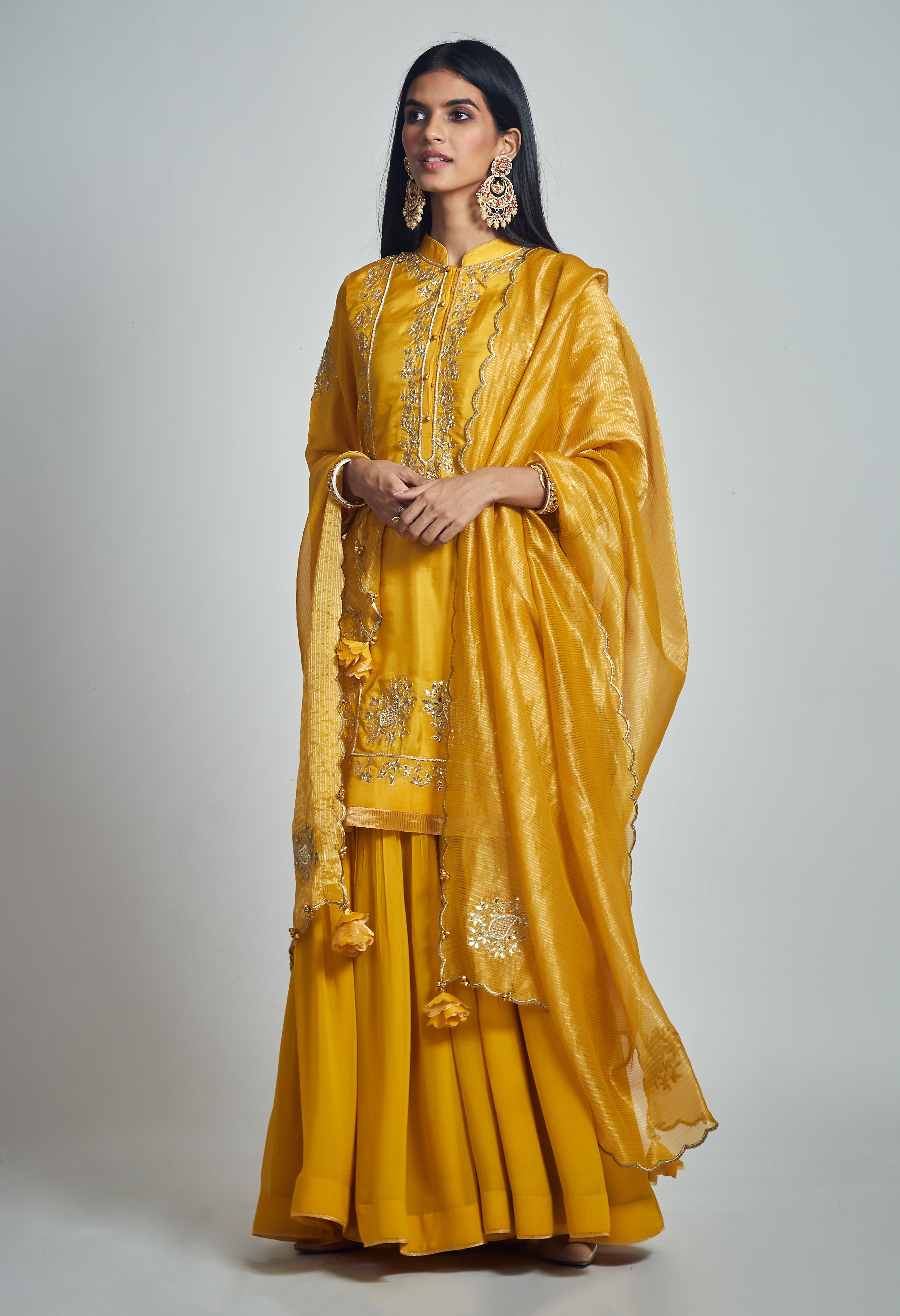 Nasira- Happy Yellow Habutai silk Gota patti embroidered kurta with garara and dupatta