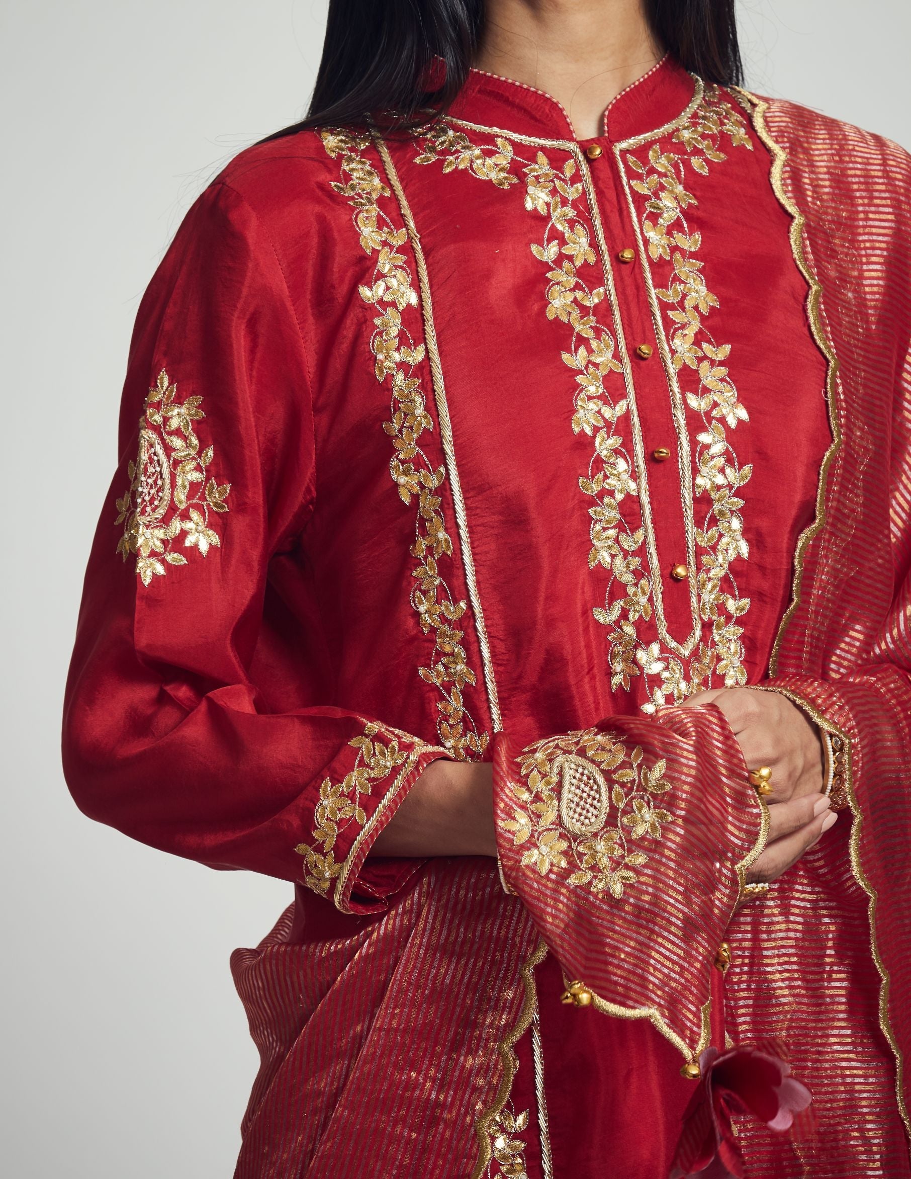 Nazish- Deep red Habutai silk Gota patti embroidered kurta with salwar and dupatta