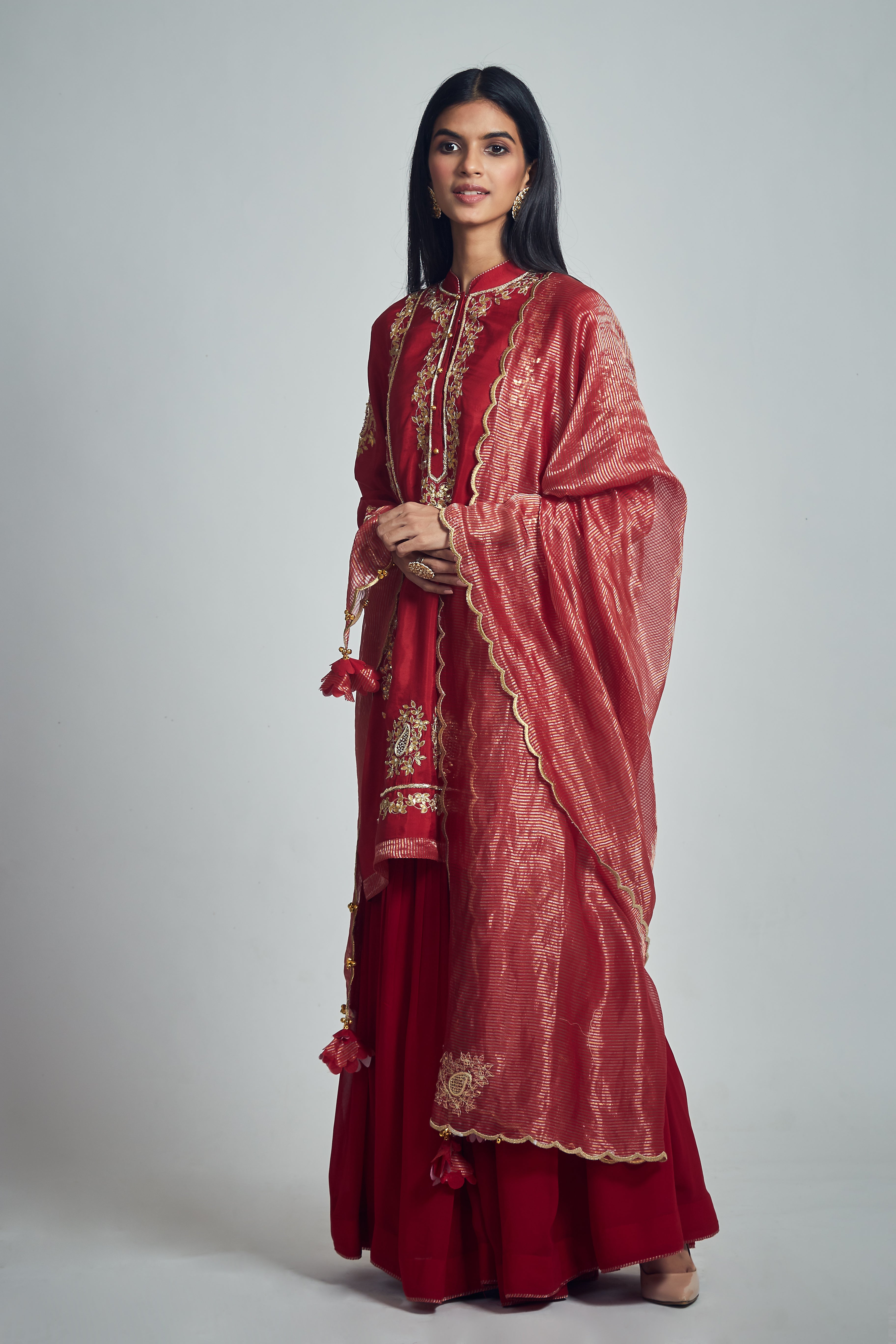 Nasira- Deep red habutai silk Gota patti embroidered kurta with garara and dupatta