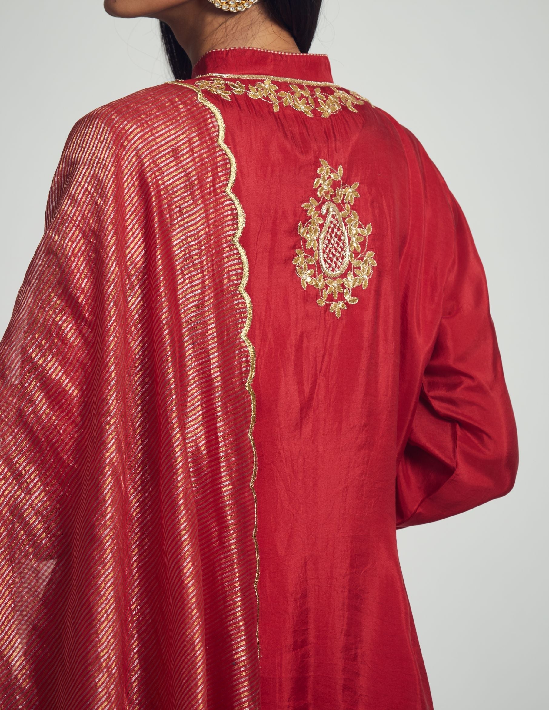 Nazish- Deep red Habutai silk Gota patti embroidered kurta with salwar and dupatta