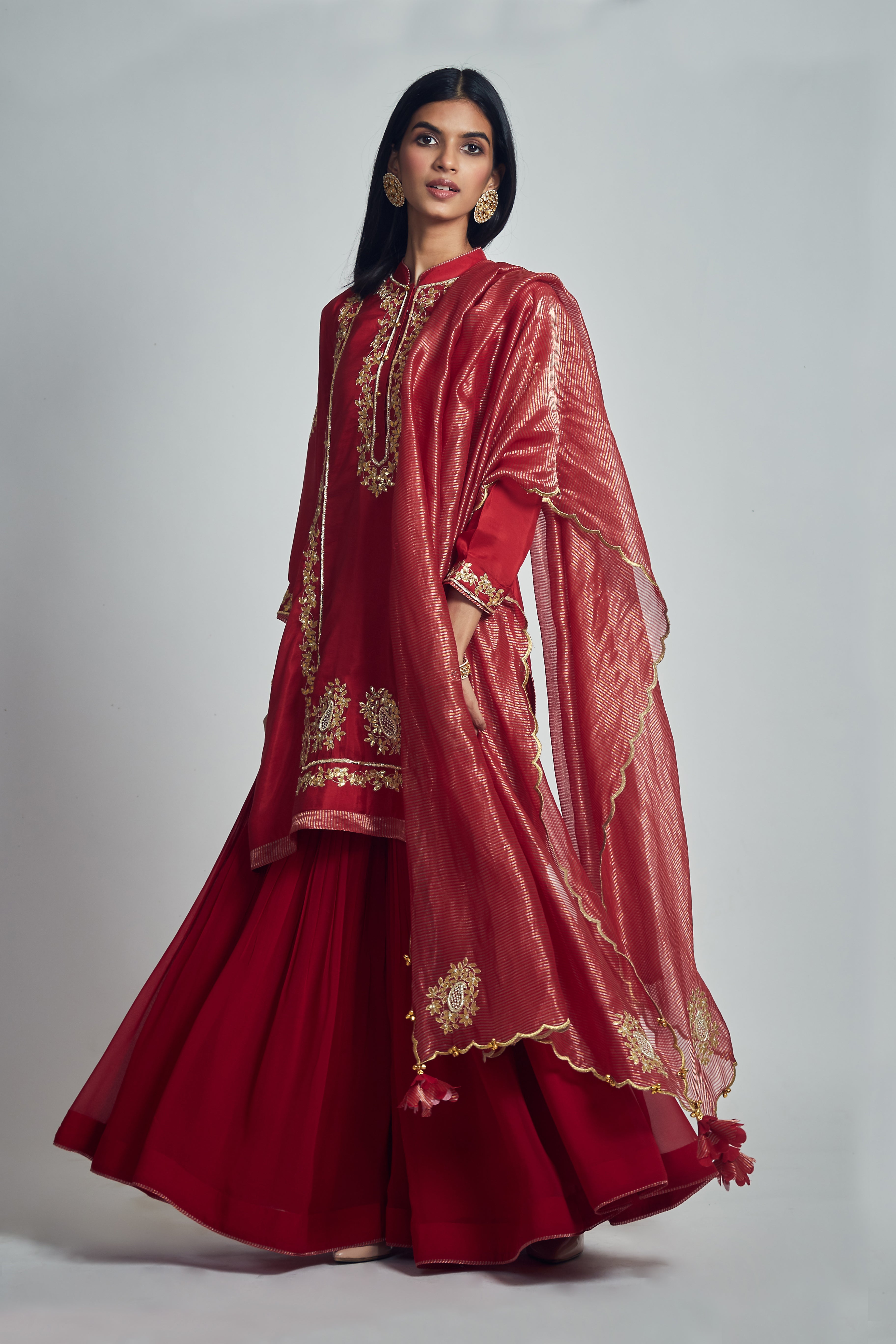 Nasira- Deep red habutai silk Gota patti embroidered kurta with garara and dupatta