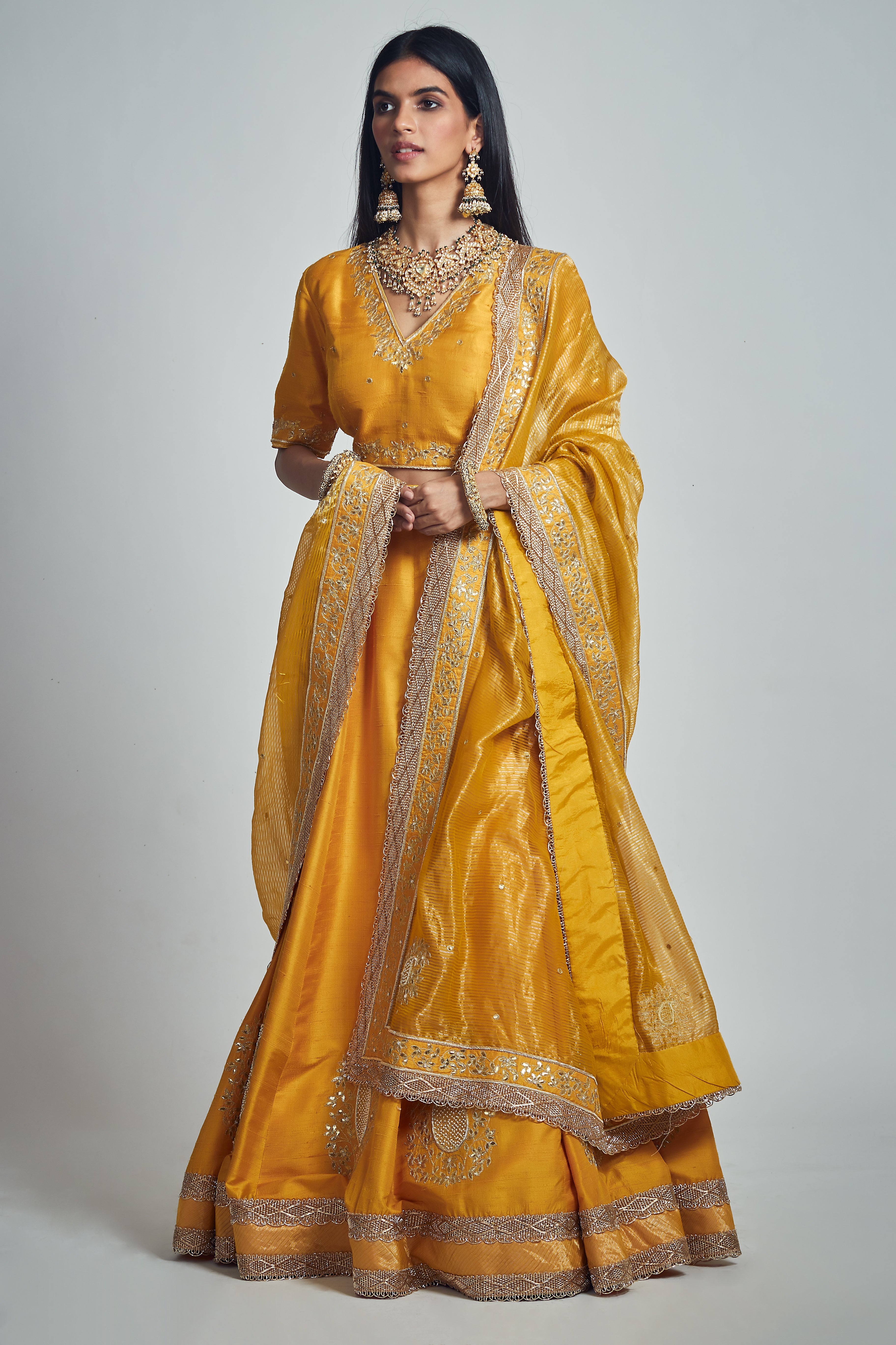 Razaana- Happy mustard Gota patti embroidered lehenga with blouse and dupatta