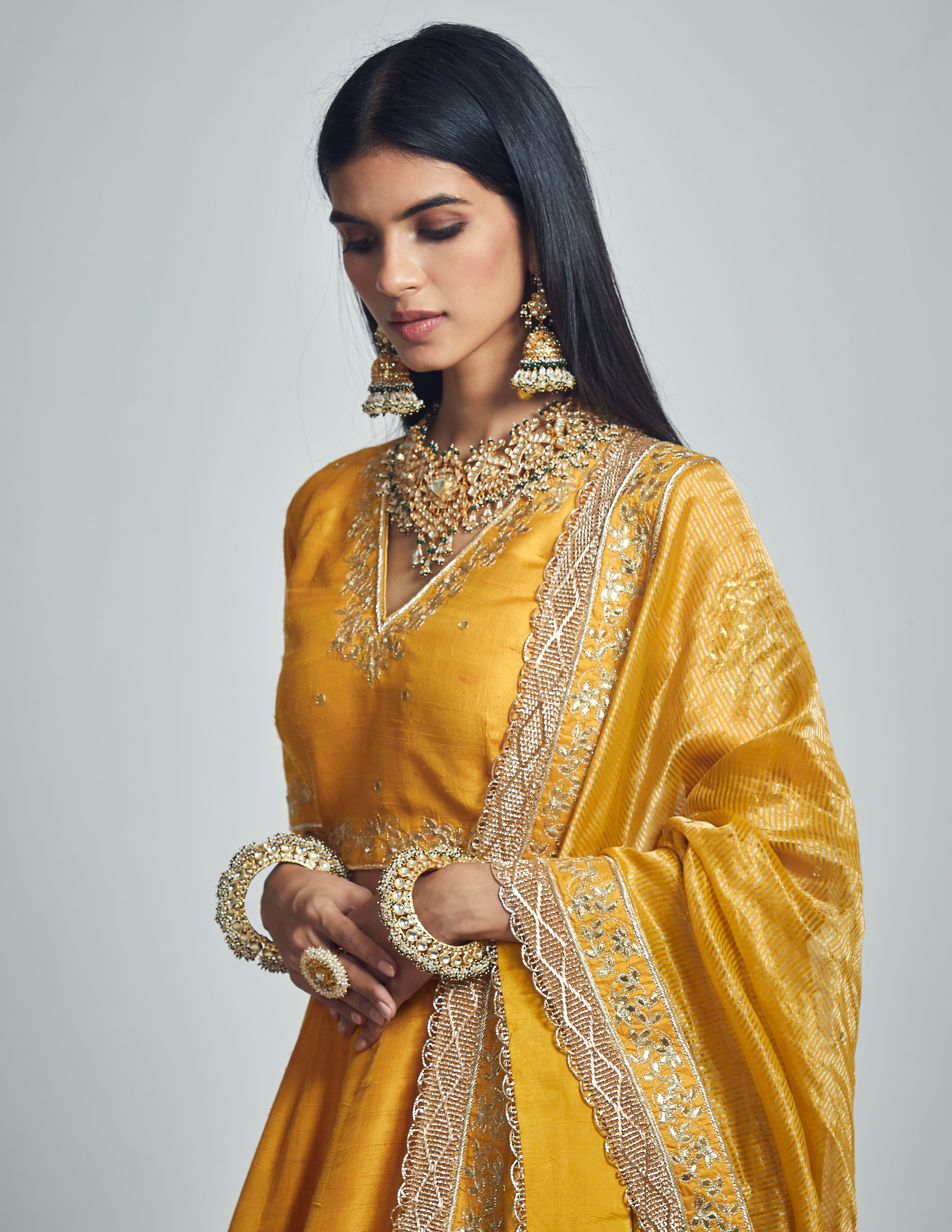 Razaana- Happy mustard Gota patti embroidered lehenga with blouse and dupatta